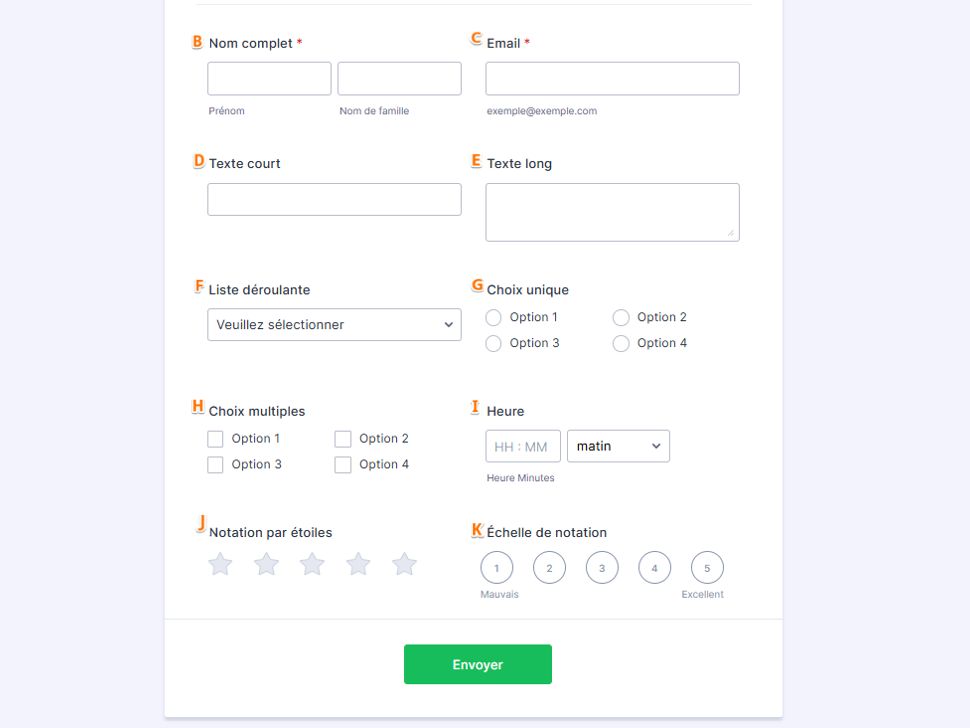 Capture d'écran d'un formulaire Jotform avec des champs libellés de B à K