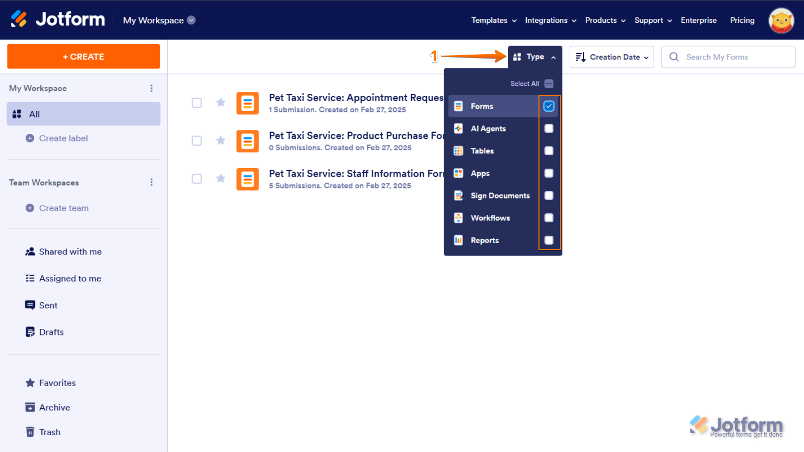 Opción Formularios marcada en el menú desplegable Tipo en la página de Mi Espacio de Trabajo de Jotform
