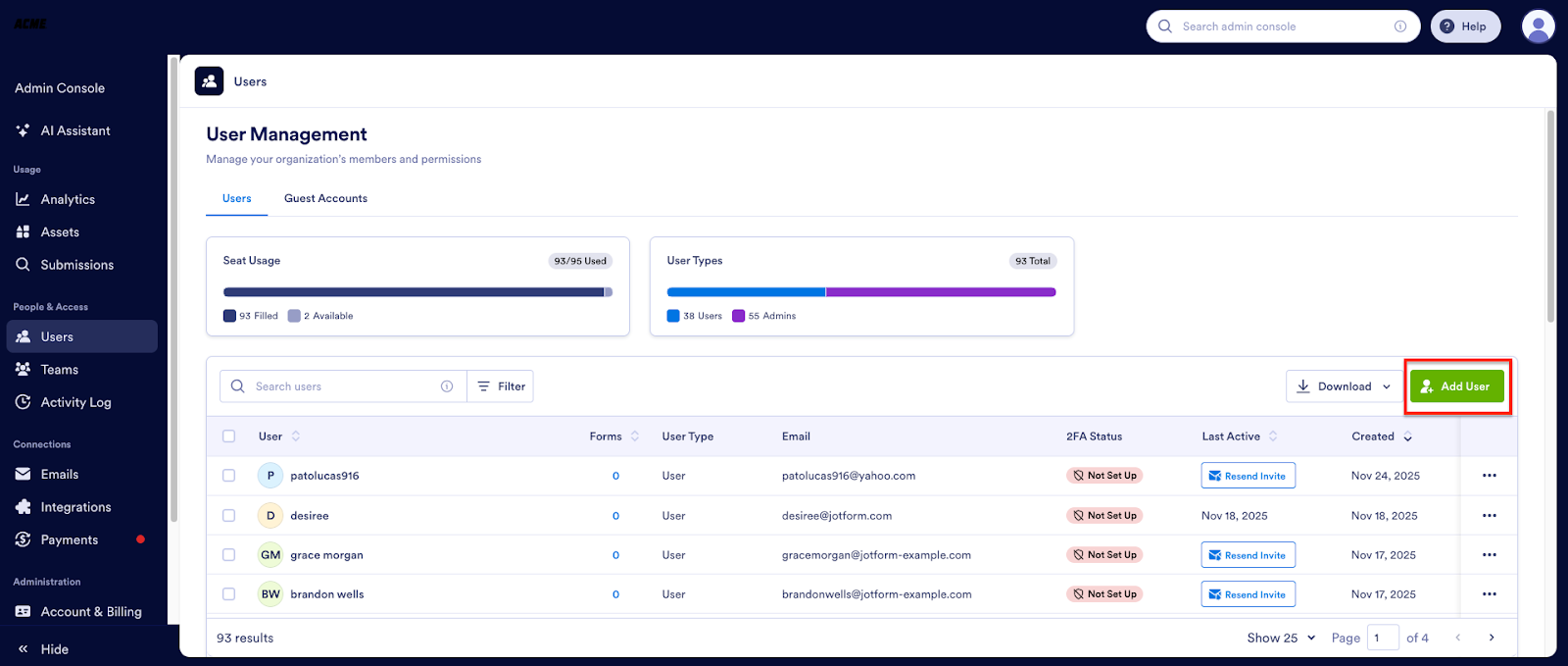Clicking on the Add User button on the User Management page on the Enterprise Dashboard