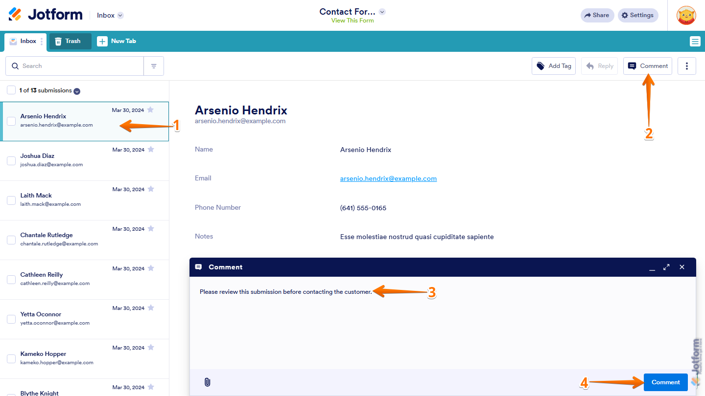 Jotform Inbox showing a selected submission with the Comment panel open and the Comment button ready to post a new comment
