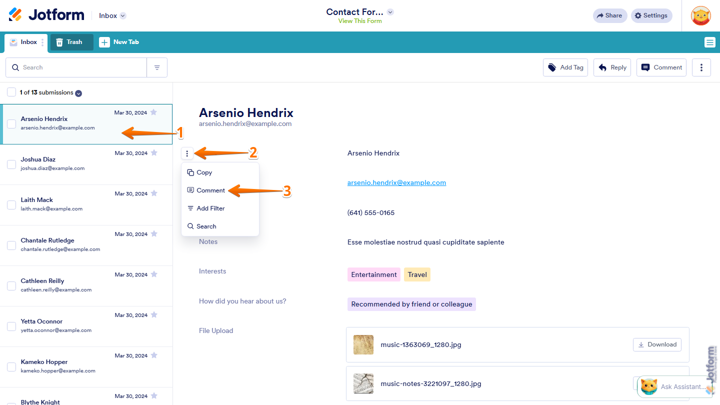 Jotform Inbox showing a field answer with the Three Dots menu open and the Comment option selected