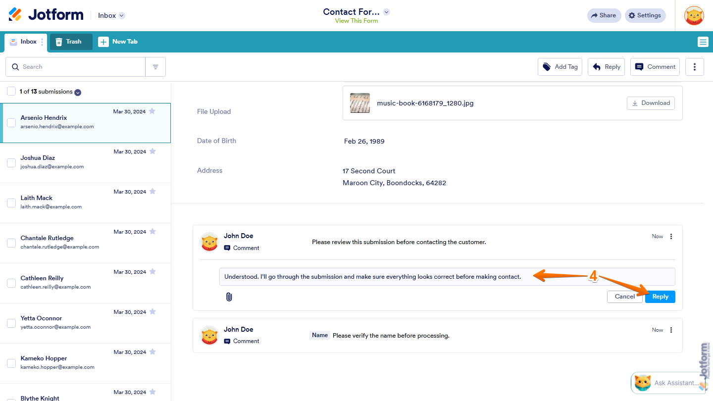 Jotform Inbox showing a reply comment box with a Reply button ready to post the response