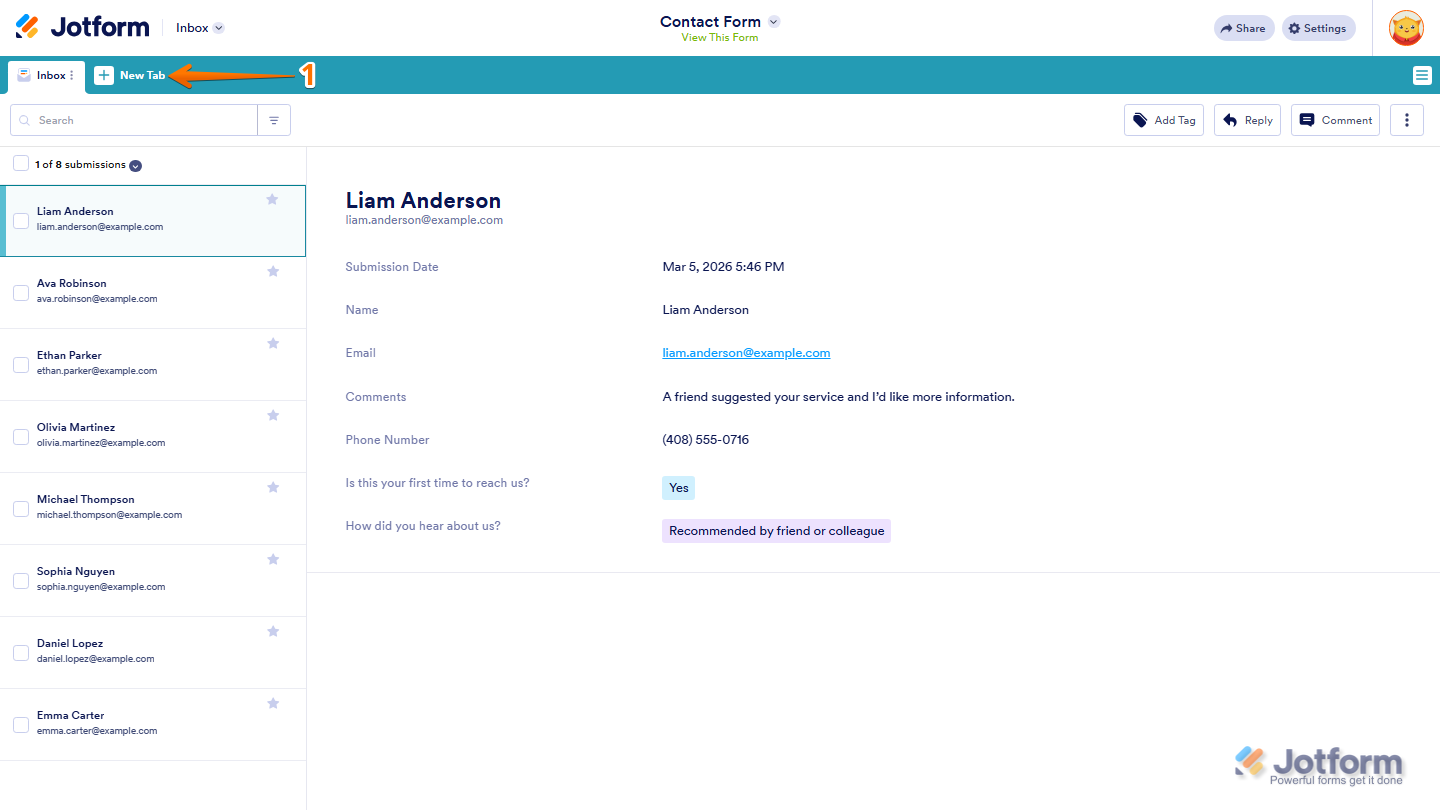 Jotform Inbox interface showing New Tab option in the top menu