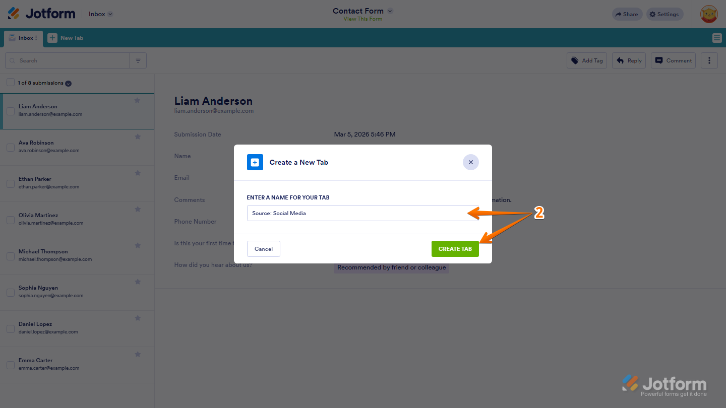 Create a New Tab window showing Tab Name field and Create Tab button in Jotform Inbox