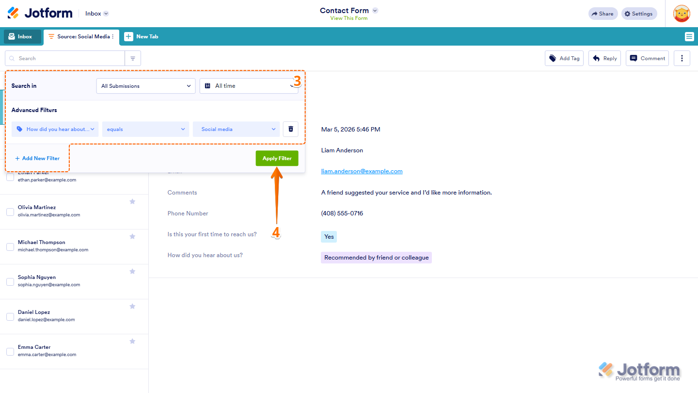 Create Tab filter settings window showing filter options and Apply Filter button in Jotform Inbox