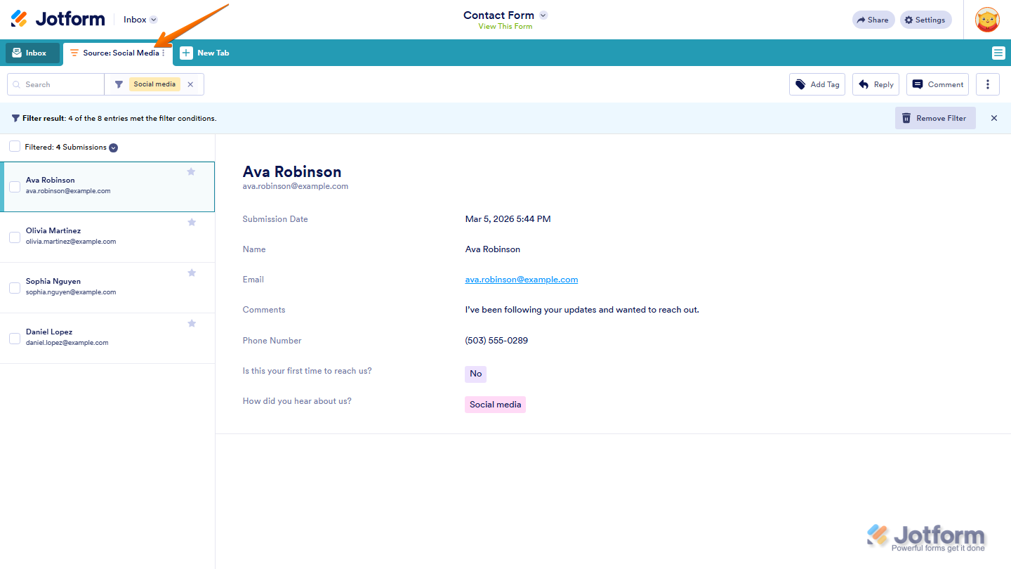 Once created, the tab will display only the submissions that match the filter that you’ve set