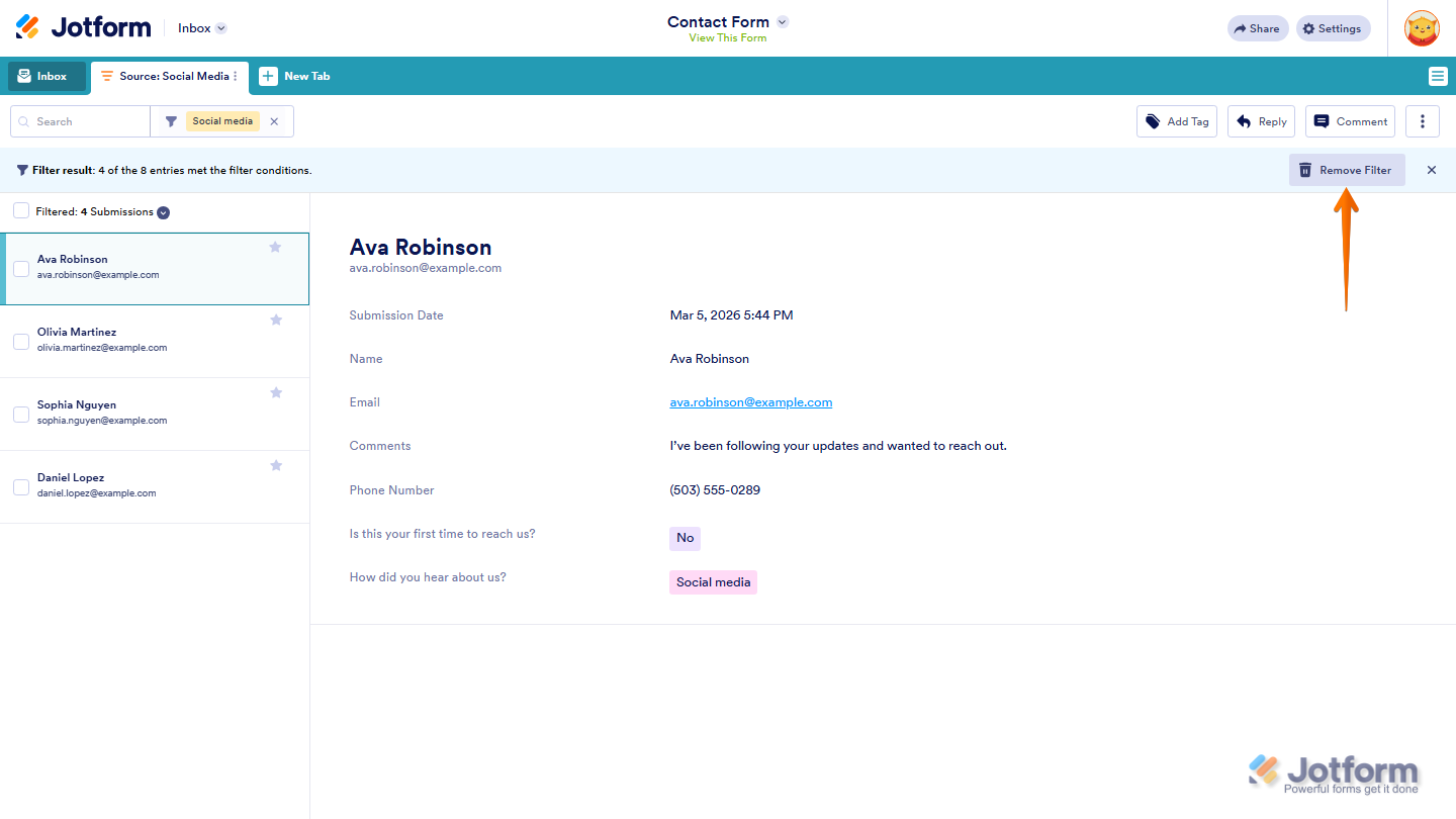 Jotform Inbox page showing Remove Filter option to clear active tab filter