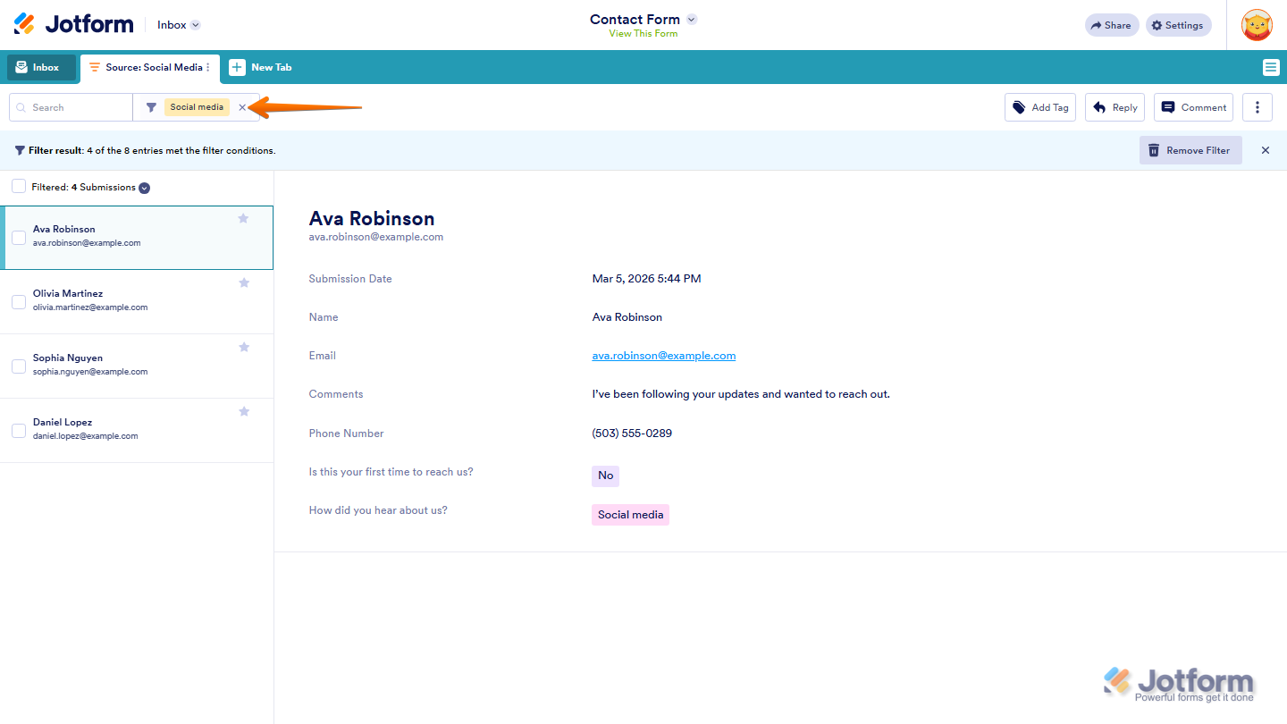 Jotform Inbox interface showing X icon next to the Search bar to clear the active filter