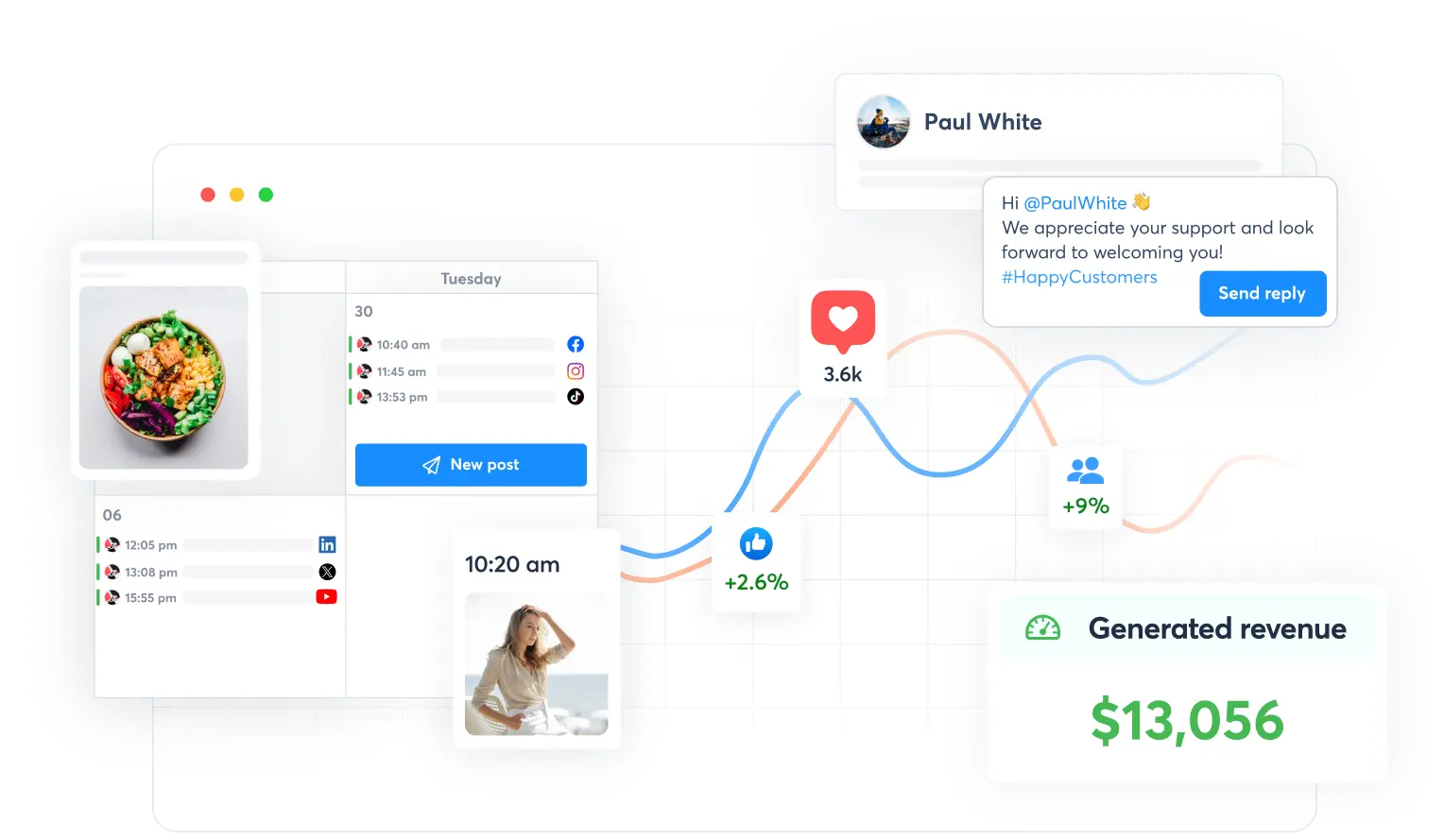 Agorapulse website showing various interface examples including content calendar, suggested reply, and revenue report