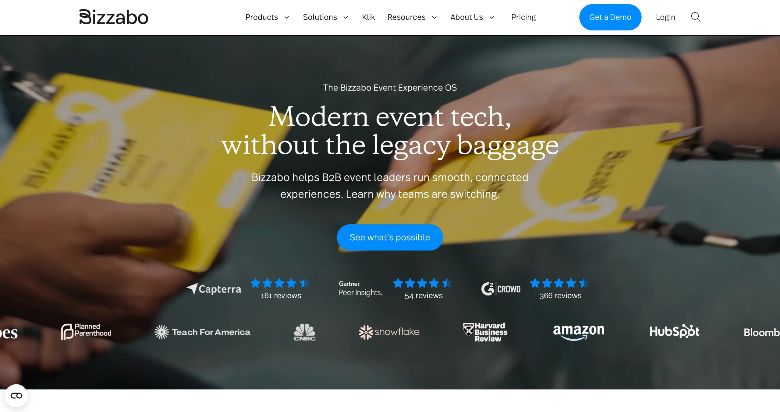 Screenshot of Bizzabo landing page, showing a headline "Modern event tech, without the legacy baggage"