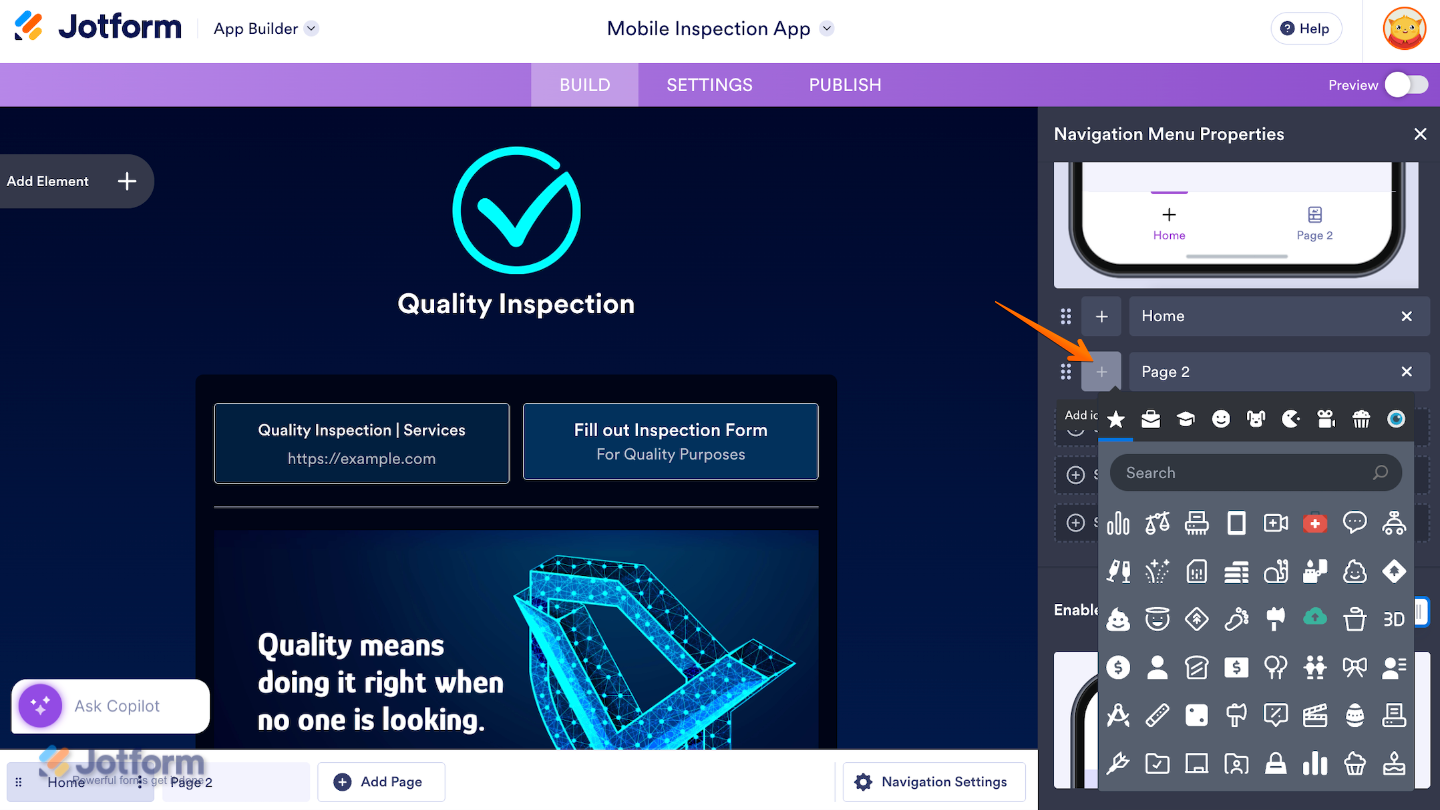 App Builder Navigation Menu showing pages that can be rearranged by dragging, with a Plus icon to change page icons