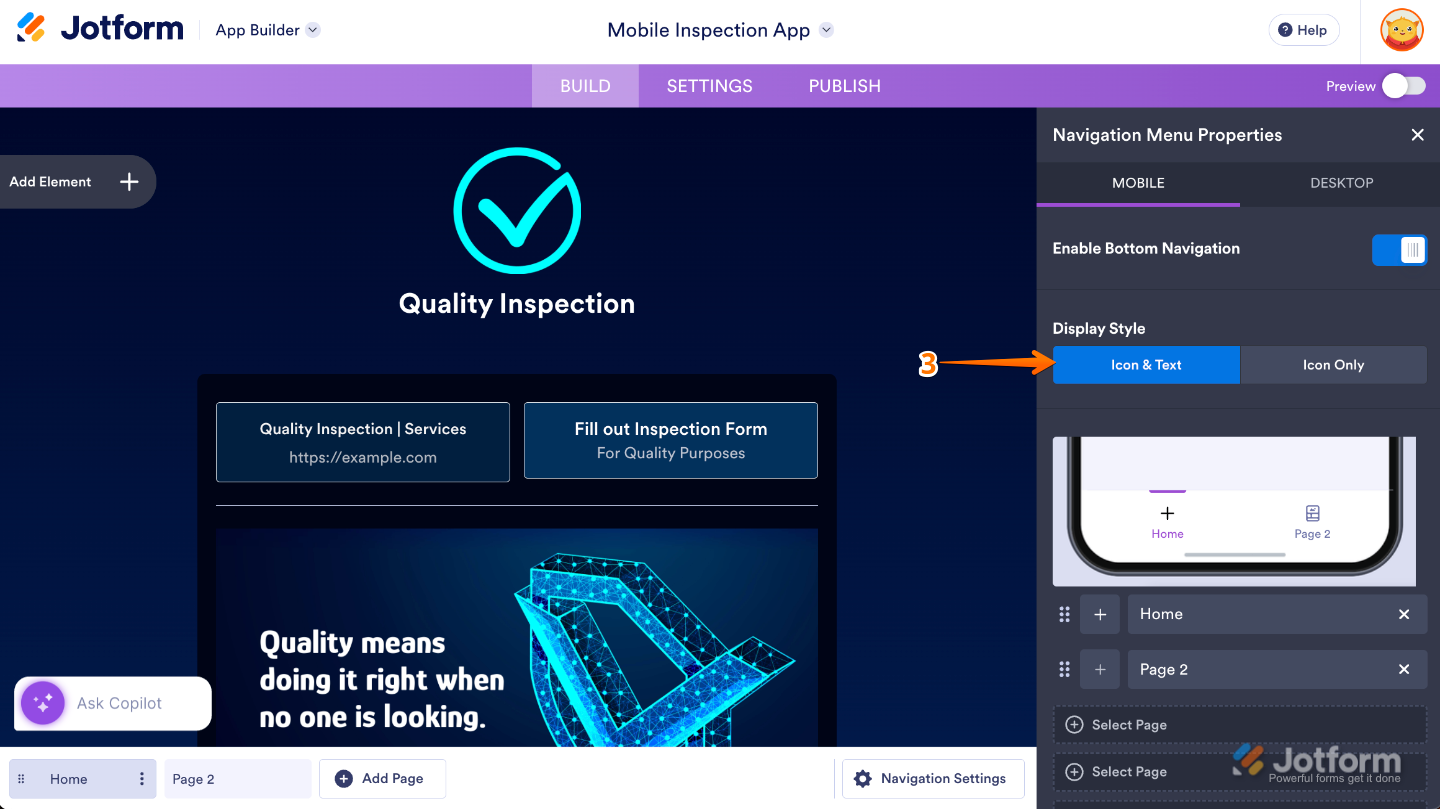 App Builder Navigation Menu Properties showing Display Style options to choose between Icon and Text or Icon Only