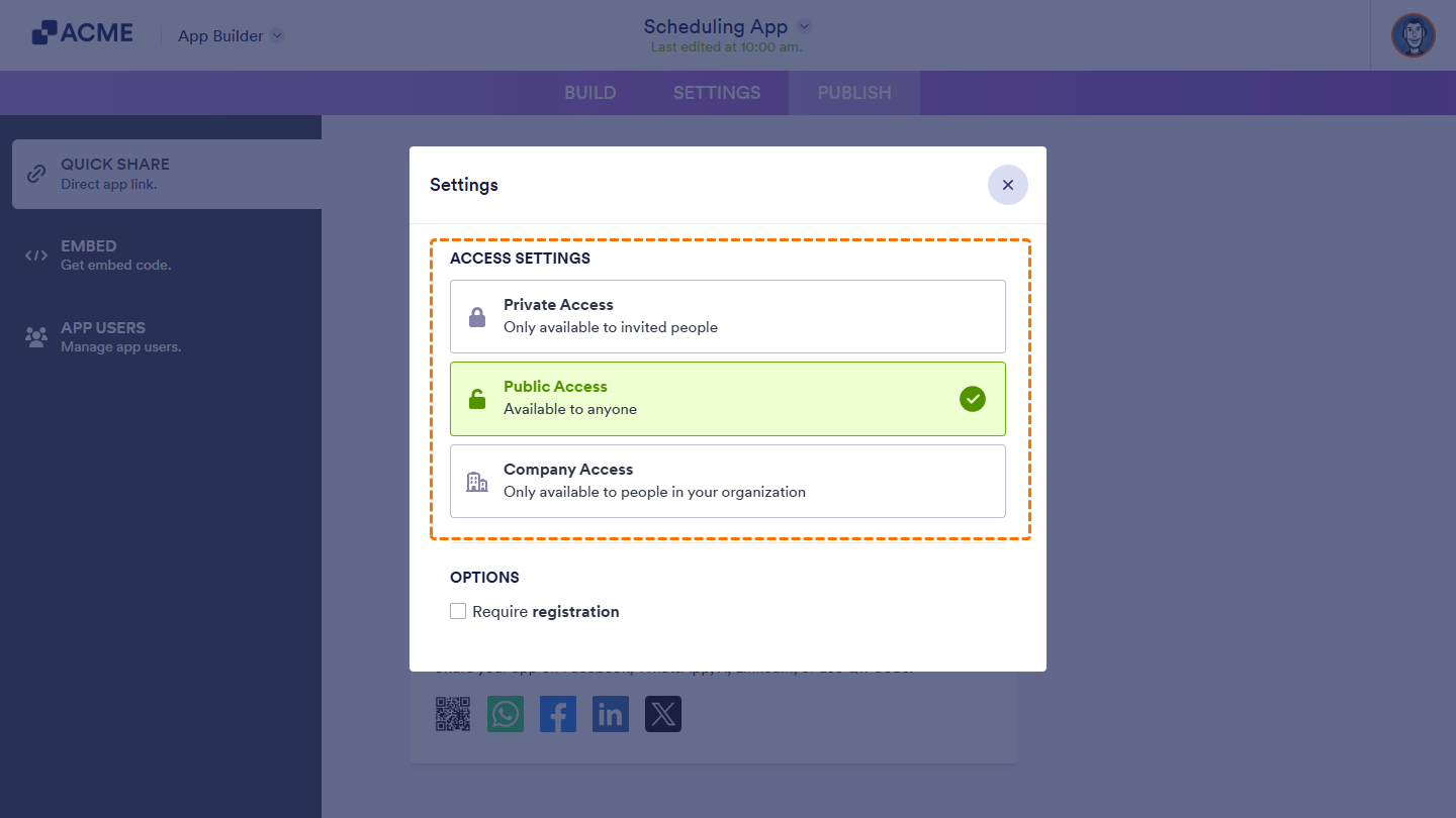 Access Settings window of the App Builder