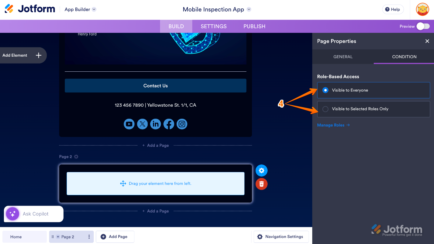 App Builder Page Properties showing the Condition tab with Role-Based Access settings configured