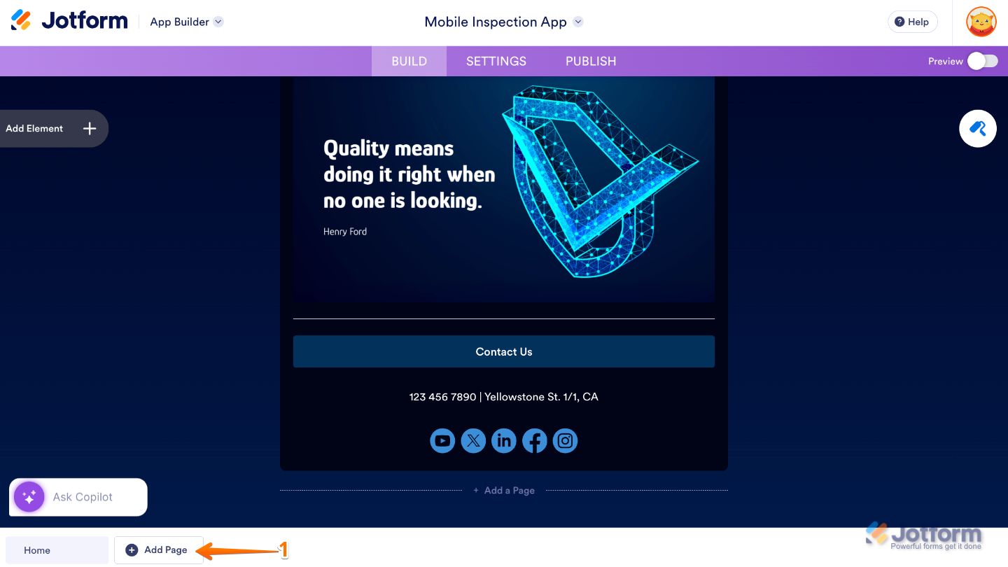 App Builder interface showing the Add Page button located at the bottom-left corner of the page