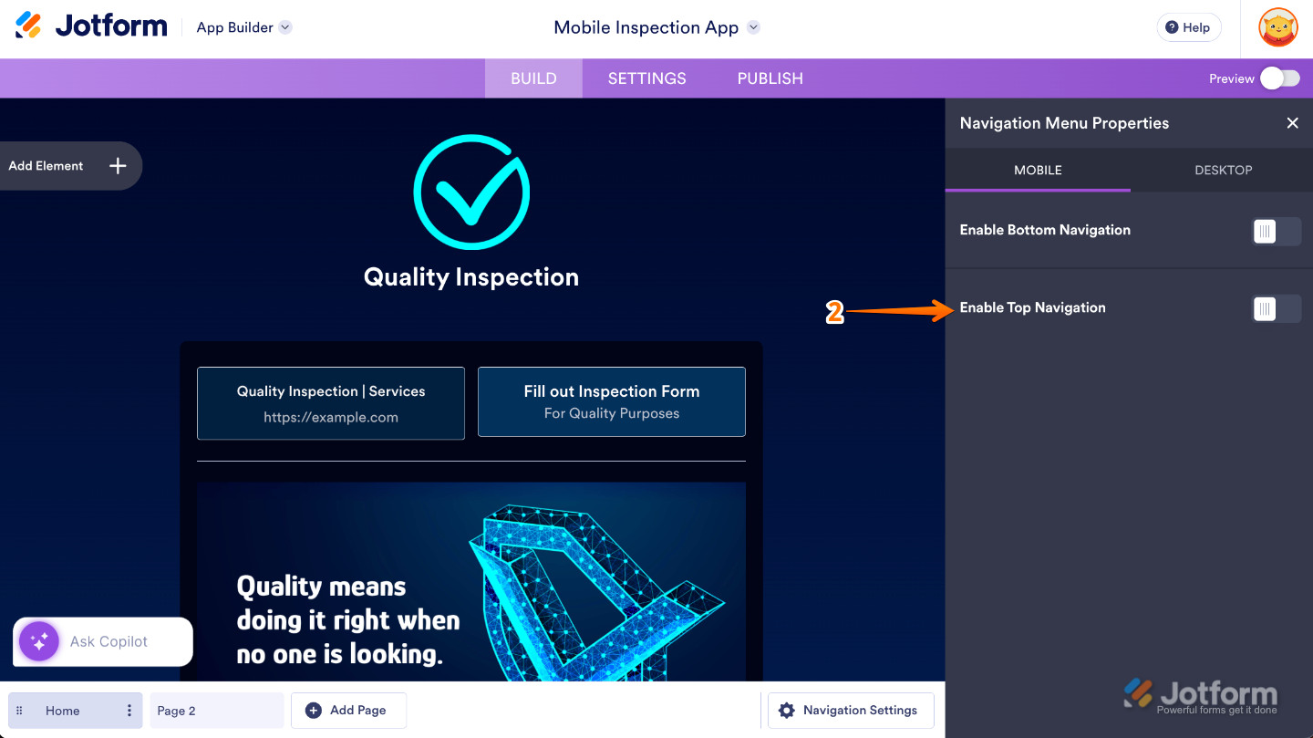 App Builder Navigation Menu Properties showing the Enable Top Navigation toggle turned on under the Action tab