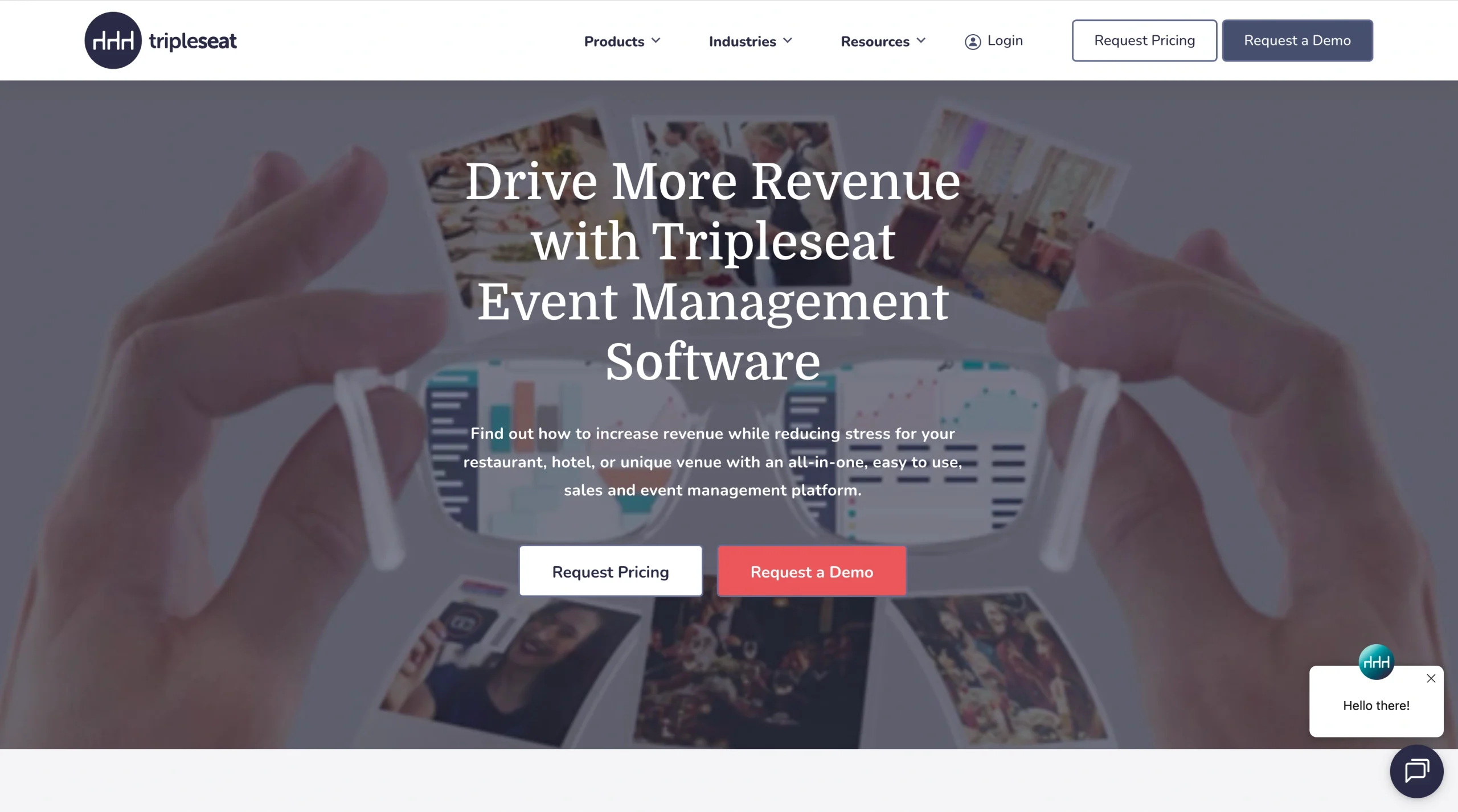 Screenshot of Tripleseat landing page, showing a headline "Drive More Revenue with Tripleseat Event Management Software"