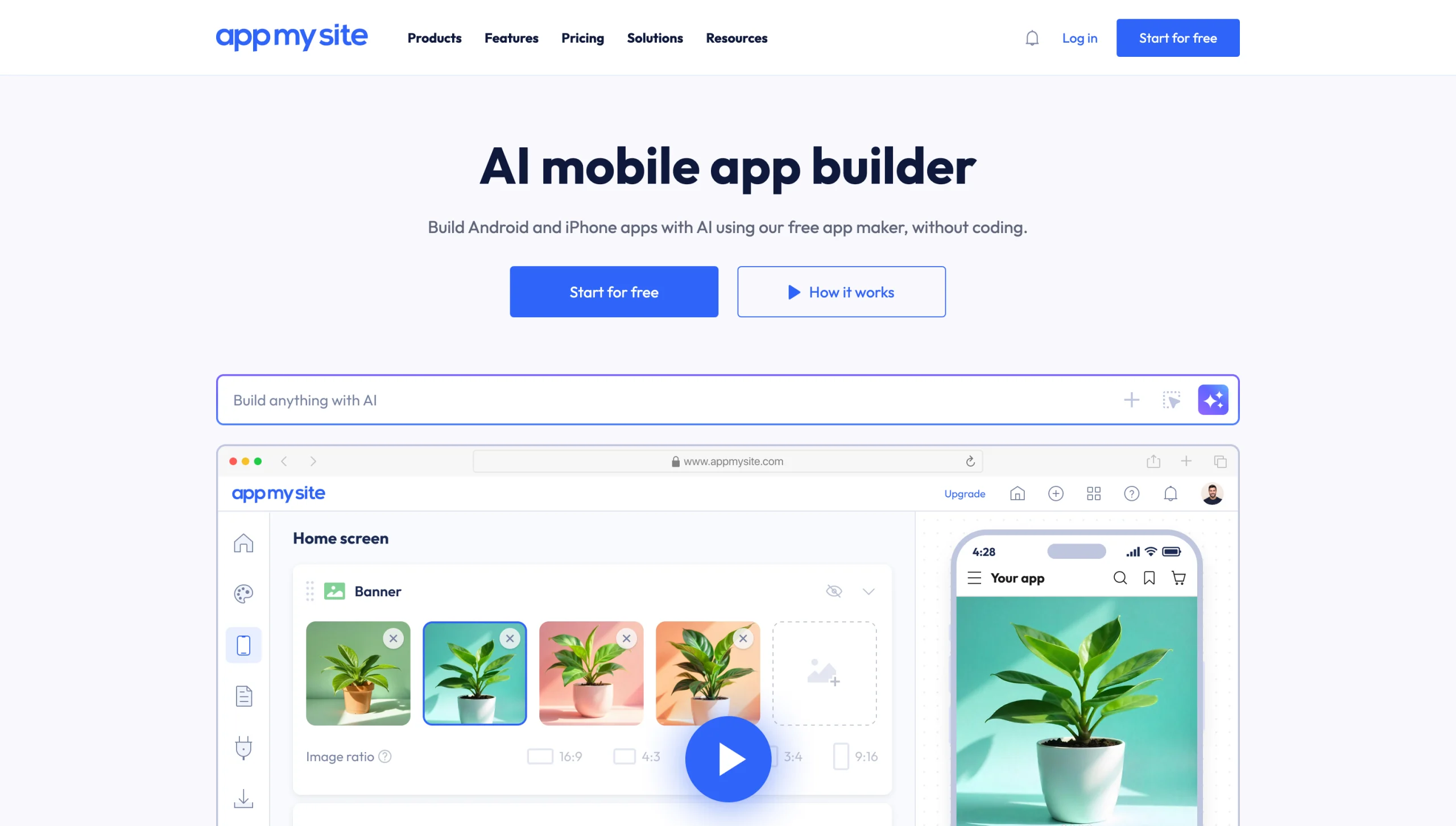 Screenshot of the AppMySite landing page, showing a headline "AI mobile app builder"