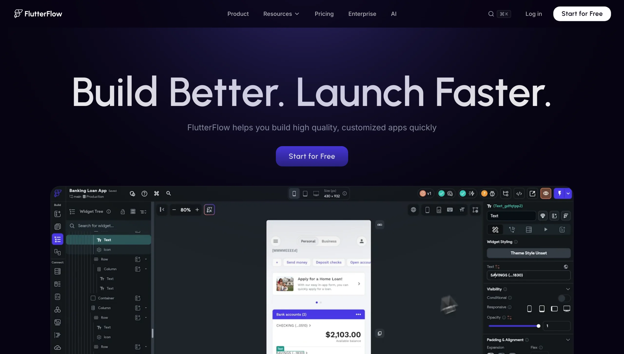 Screenshot of the FlutterFlow landing page, showing a headline "Build Better
