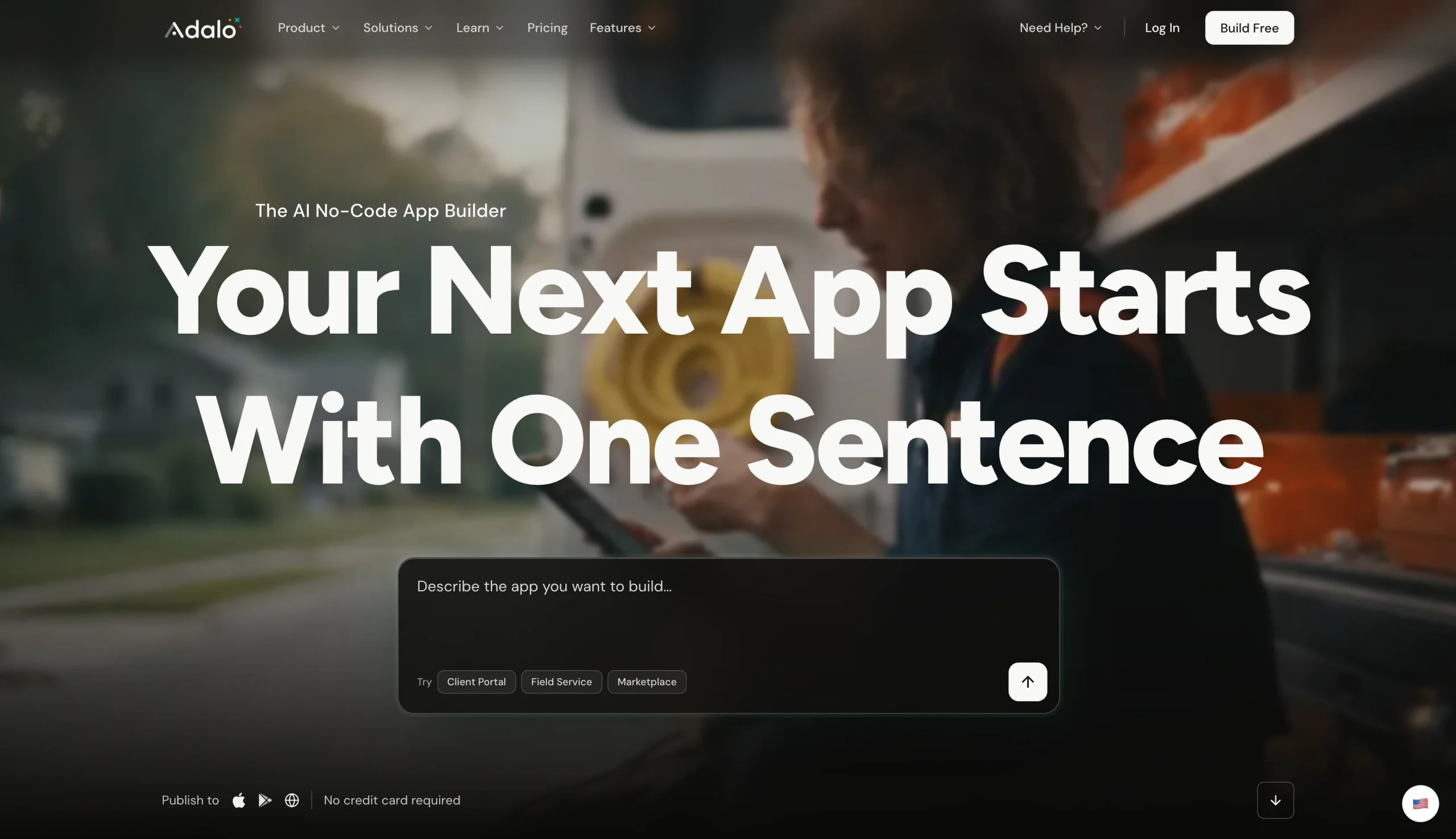 Screenshot of the Adalo landing page, showing a headline "Your Next App Starts With One Sentence"