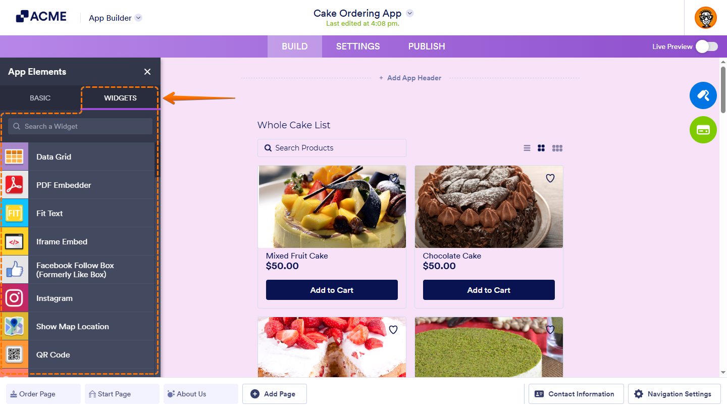 Widgets tab of the App Elements menu in App Builder