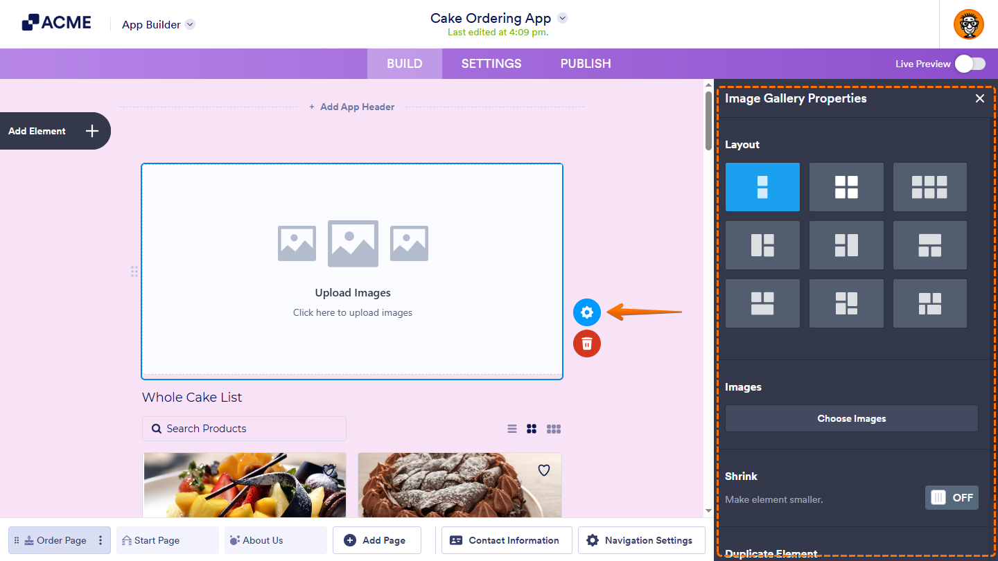 Widget settings in the Widget Properties menu and Gear icon on a widget in App Builder