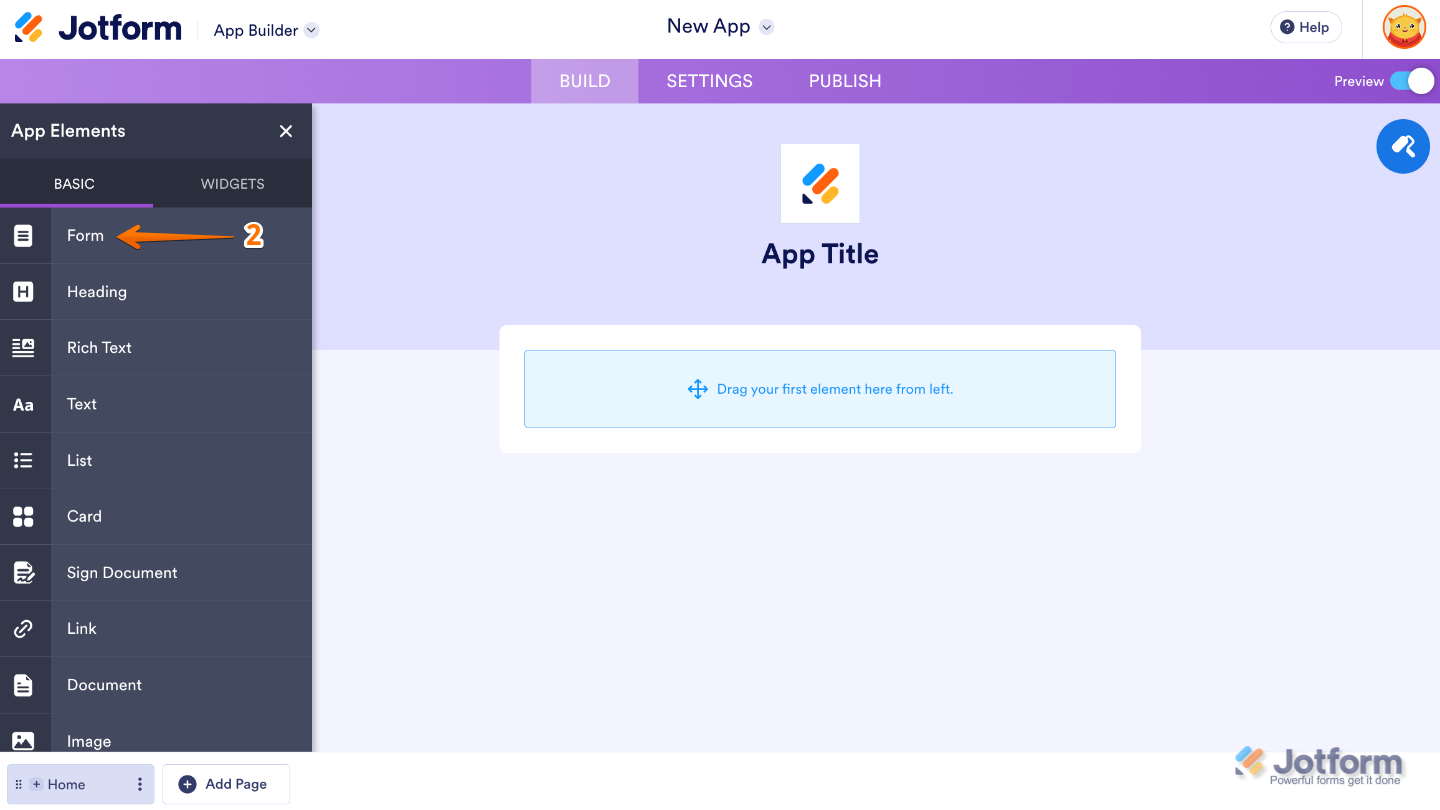 App Builder Elements panel under the Basic tab showing the Form element being selected and added to an app