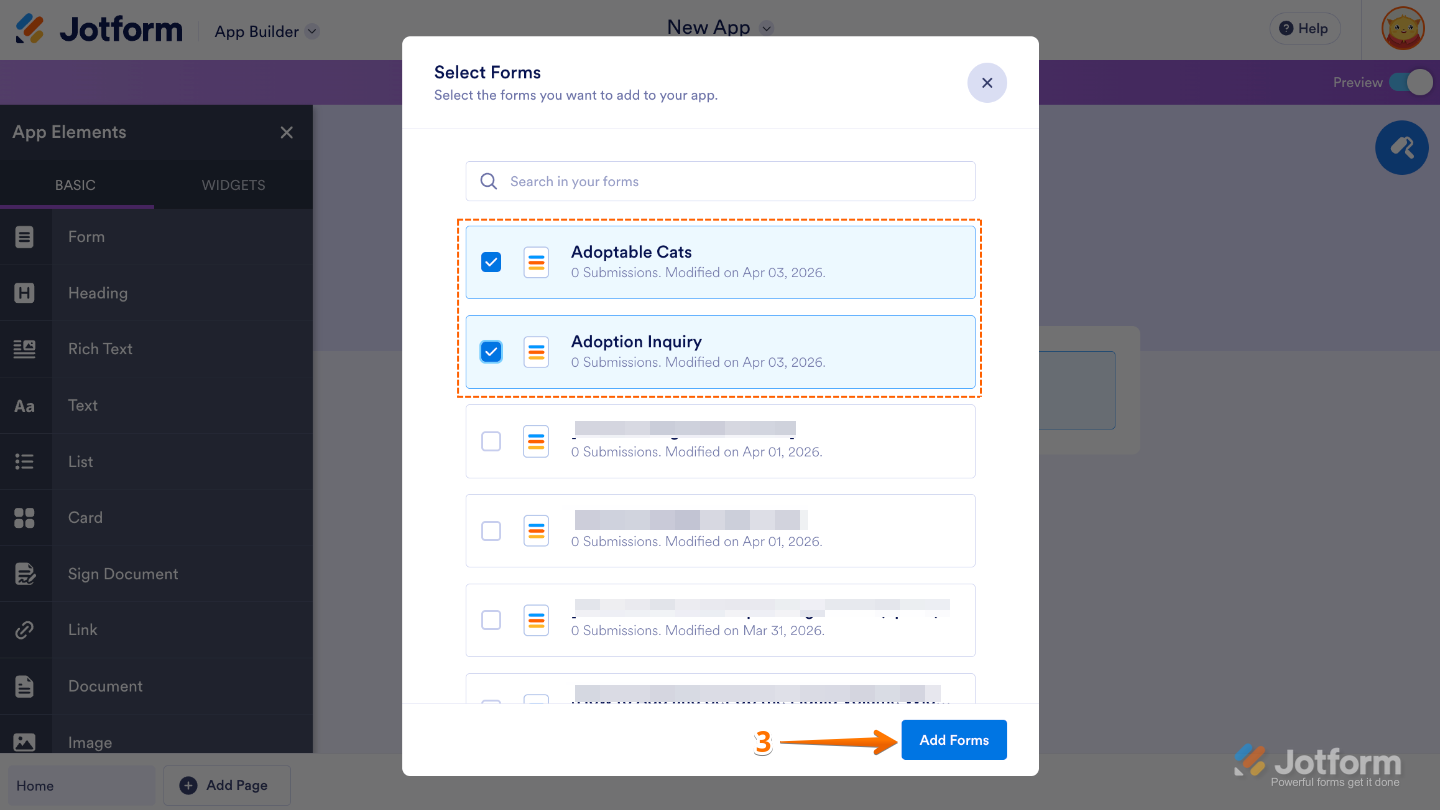App Builder Select Forms window showing multiple forms being chosen and the Add Forms button