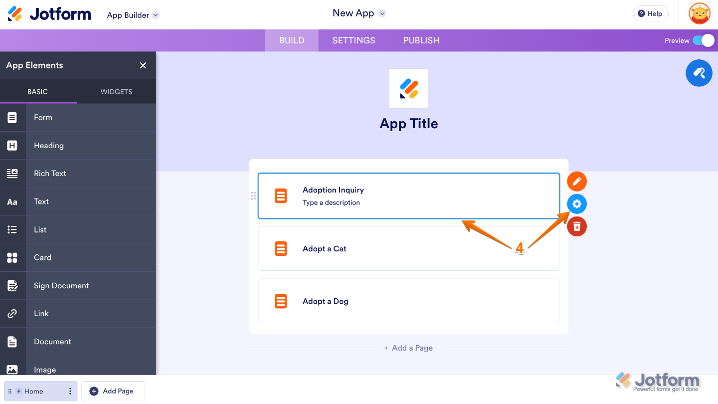 App Builder interface showing a selected form with the Gear icon used to open its settings
