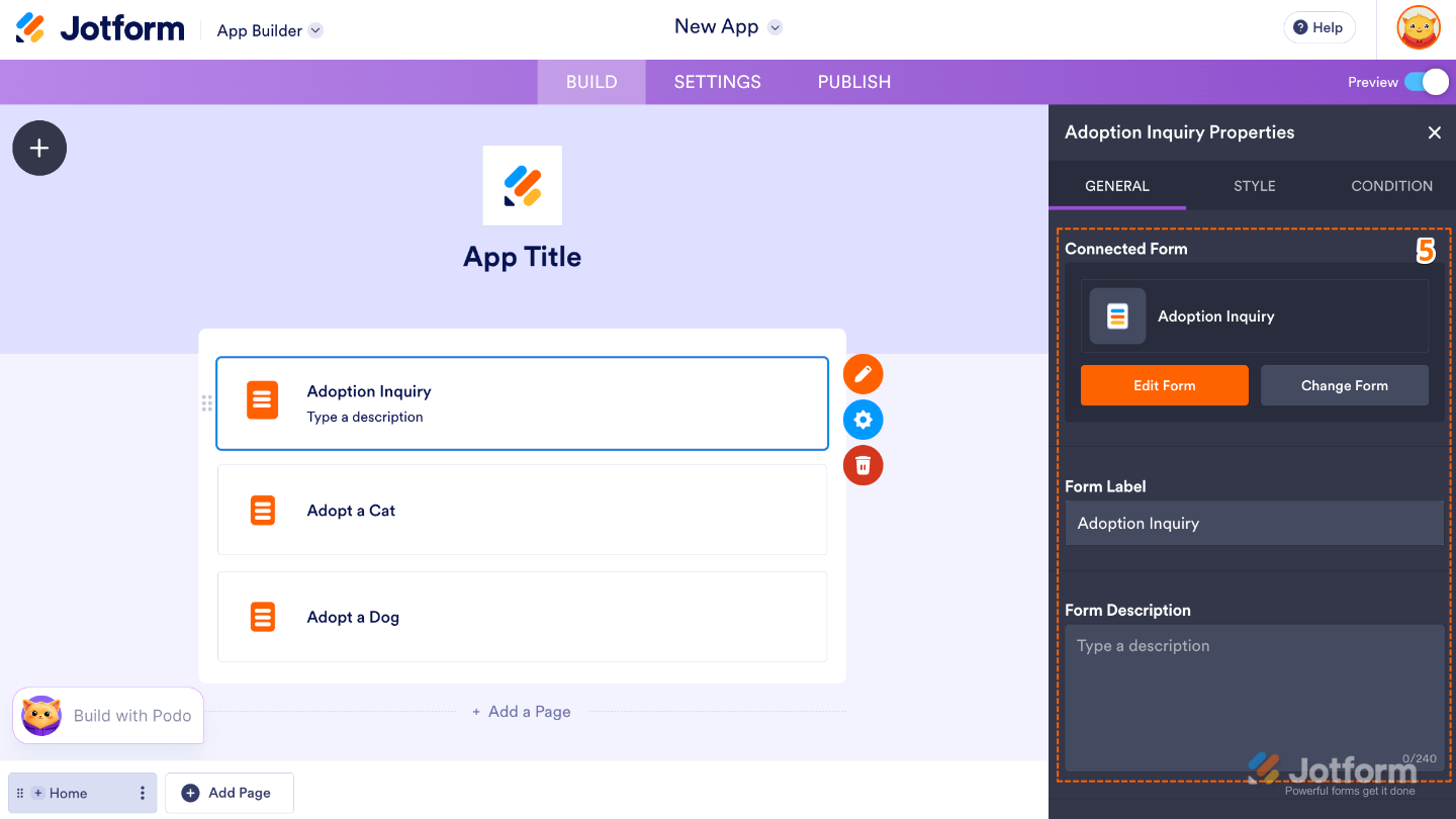 App Builder Form Properties panel under the General tab showing Connected Form, Form Label, and Form Description options