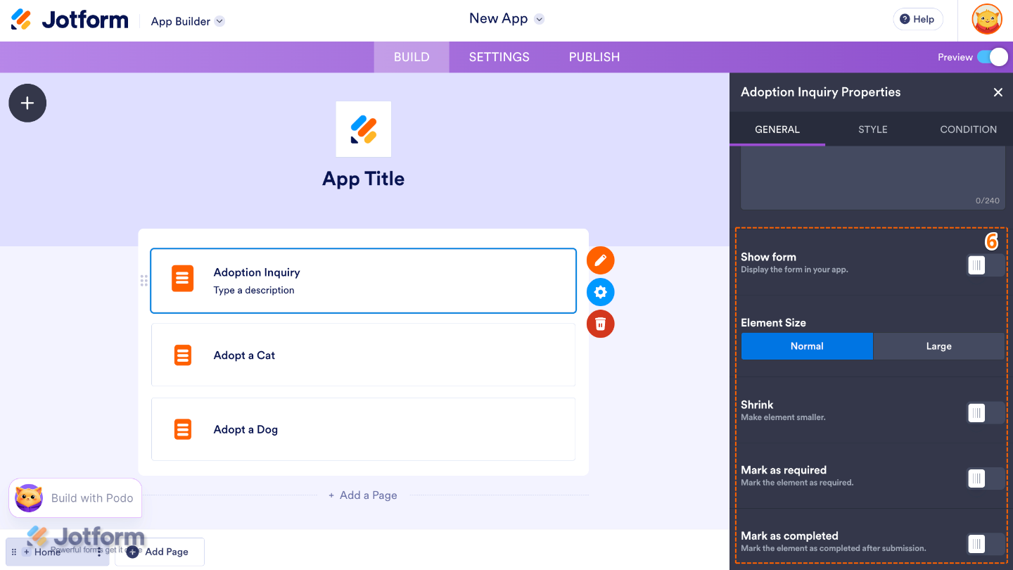 App Builder Form Properties panel showing advanced options like Show Form, Element Size, Shrink, Mark as Required, and Mark as Completed