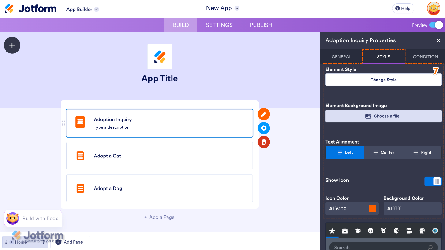 App Builder Form Properties panel under the Style tab showing settings for Element Style, Background Image, Text Alignment, and Show Icon