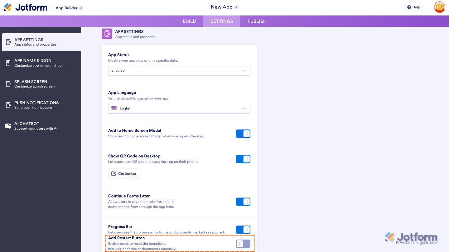 App Builder Settings tab showing that enabling Mark as Required for multiple elements activates the Progress Bar and Add Restart Button options