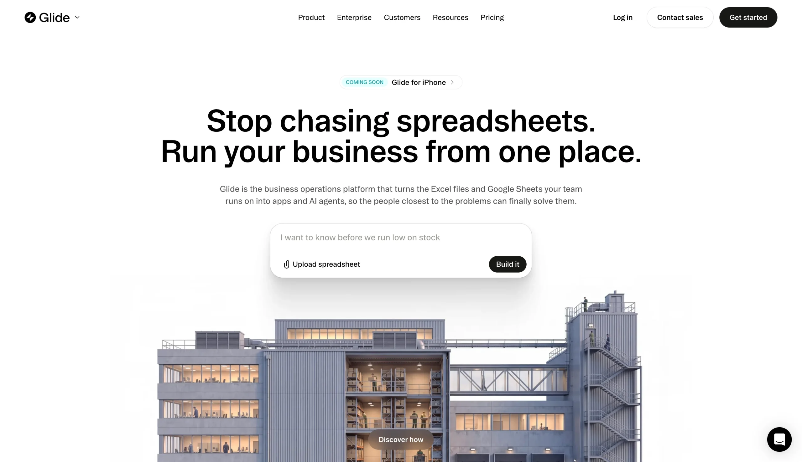 Screenshot of the Glide landing page, showing a headline "Stop chasing spreadsheets