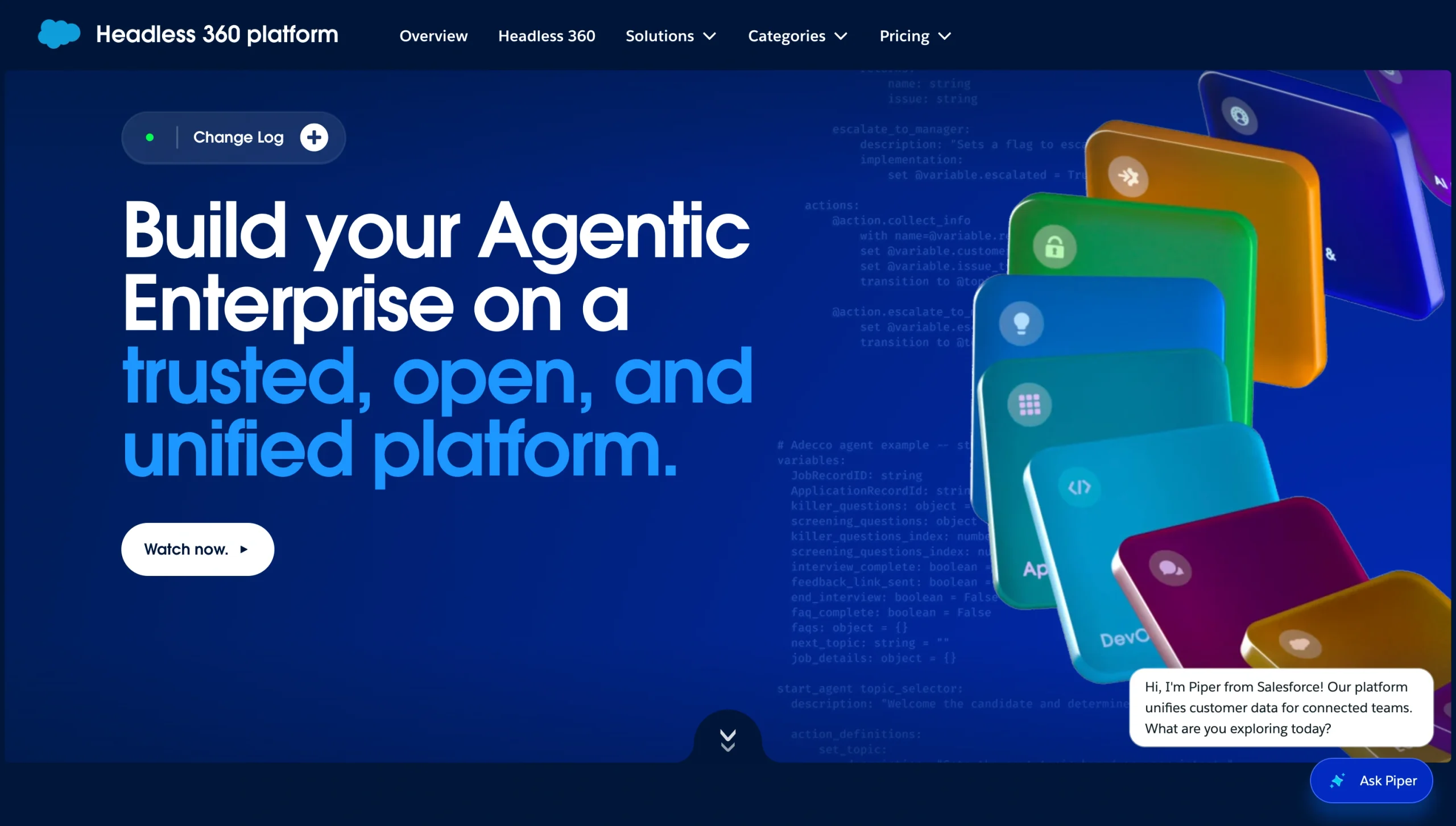 Screenshot of the Salesforce Platform landing page, showing a headline "Build your Agentic Enterprise on a trusted, open, and unified platform