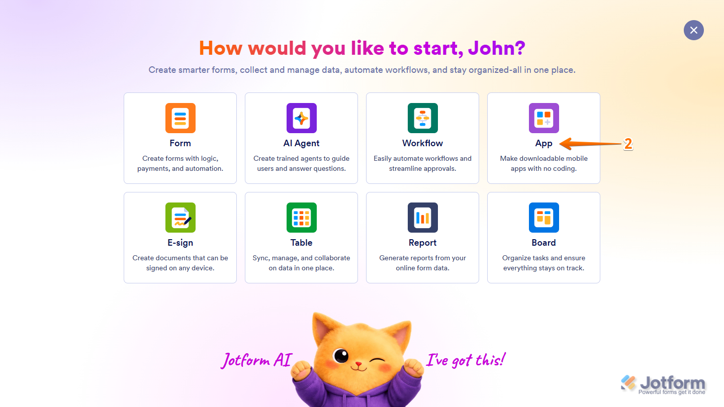Clicking on the App option in Jotform’s Create window to start building a new app