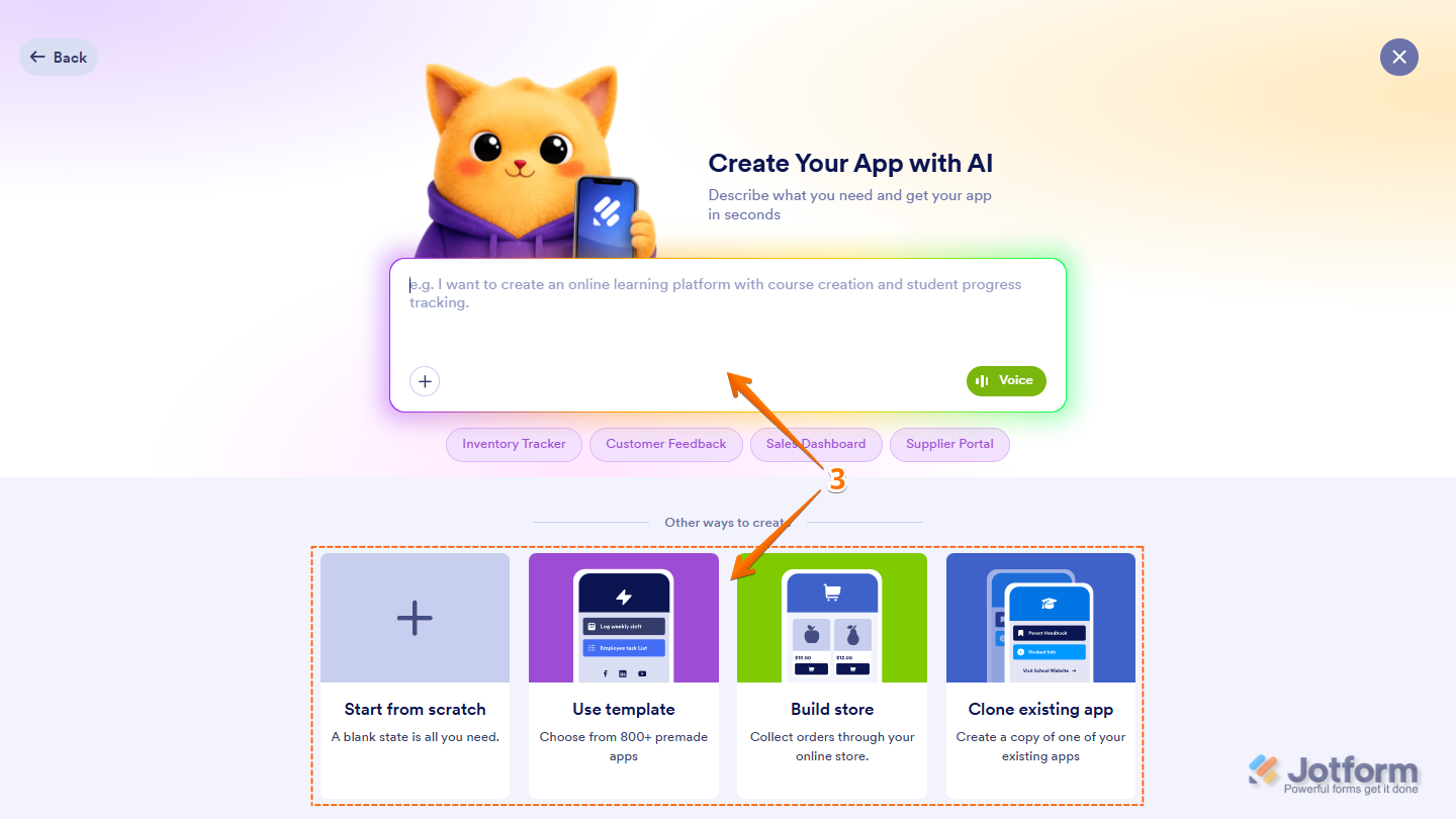 Create an App window displaying options to Start From Scratch, Use a Template, Build a Store, or Clone an Existing App