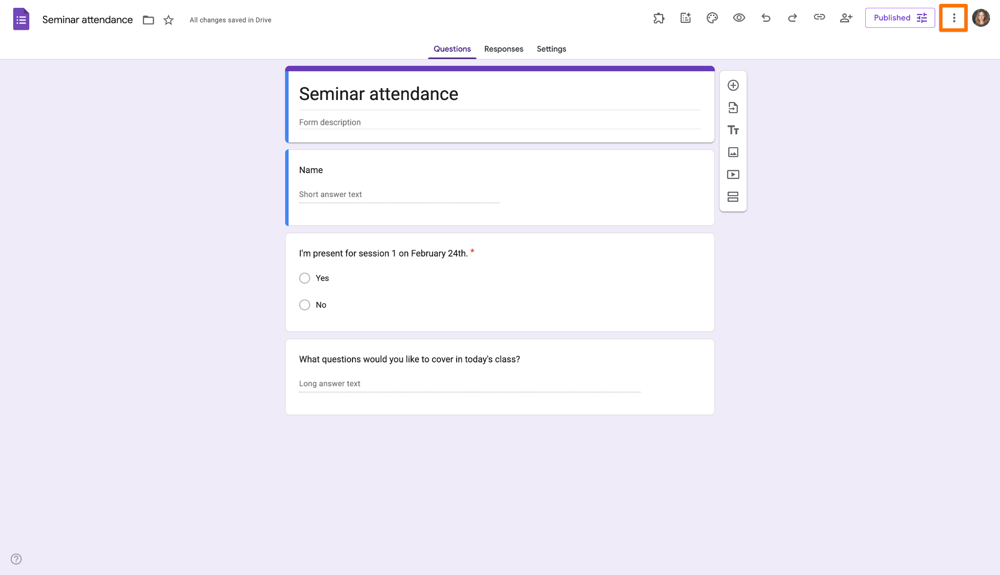 Google Forms Form Editor Three Dots Menu button