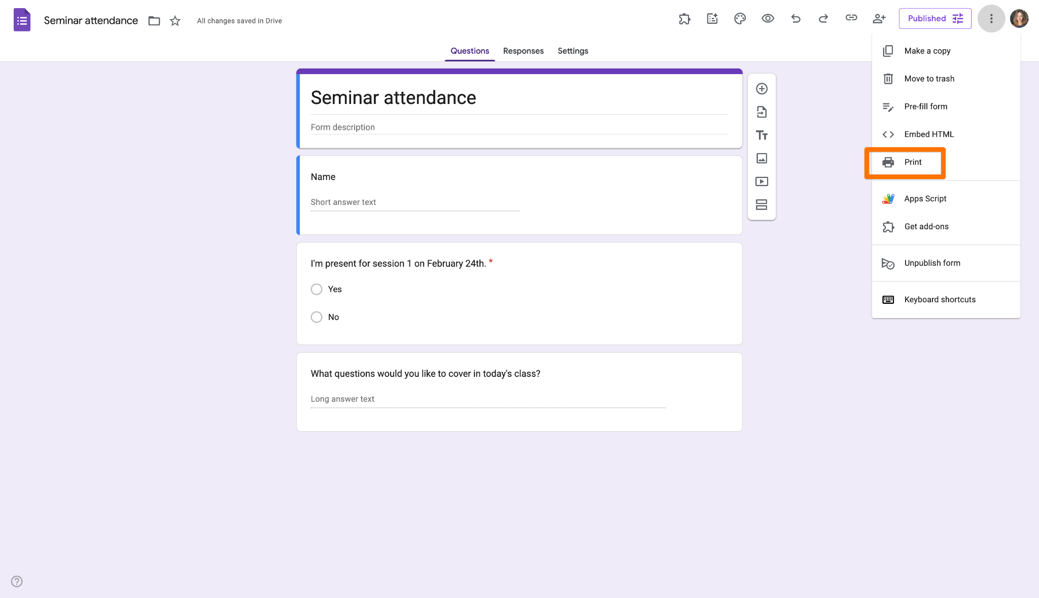 Google Forms Form Editor Three Dots Print Option