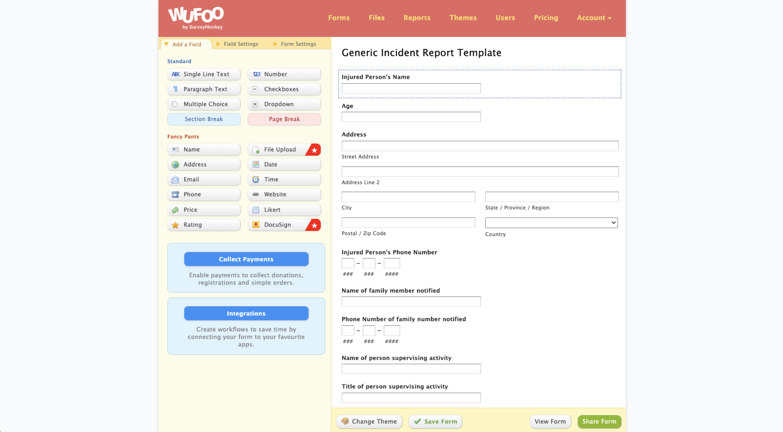 Wufoo interface showing an example Incident report form and the "Add a Field" options