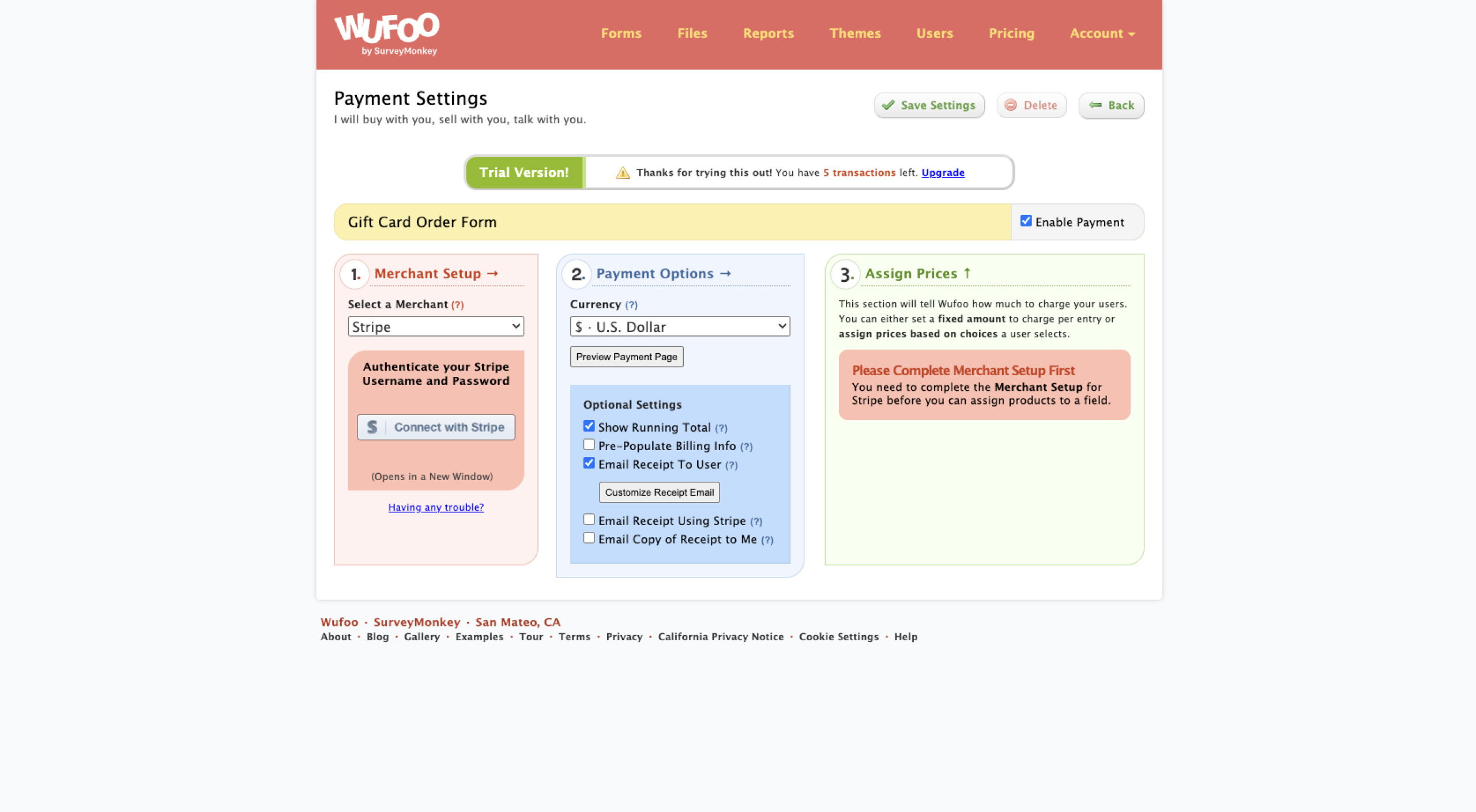 Wufoo Payment Settings Merchant Setup