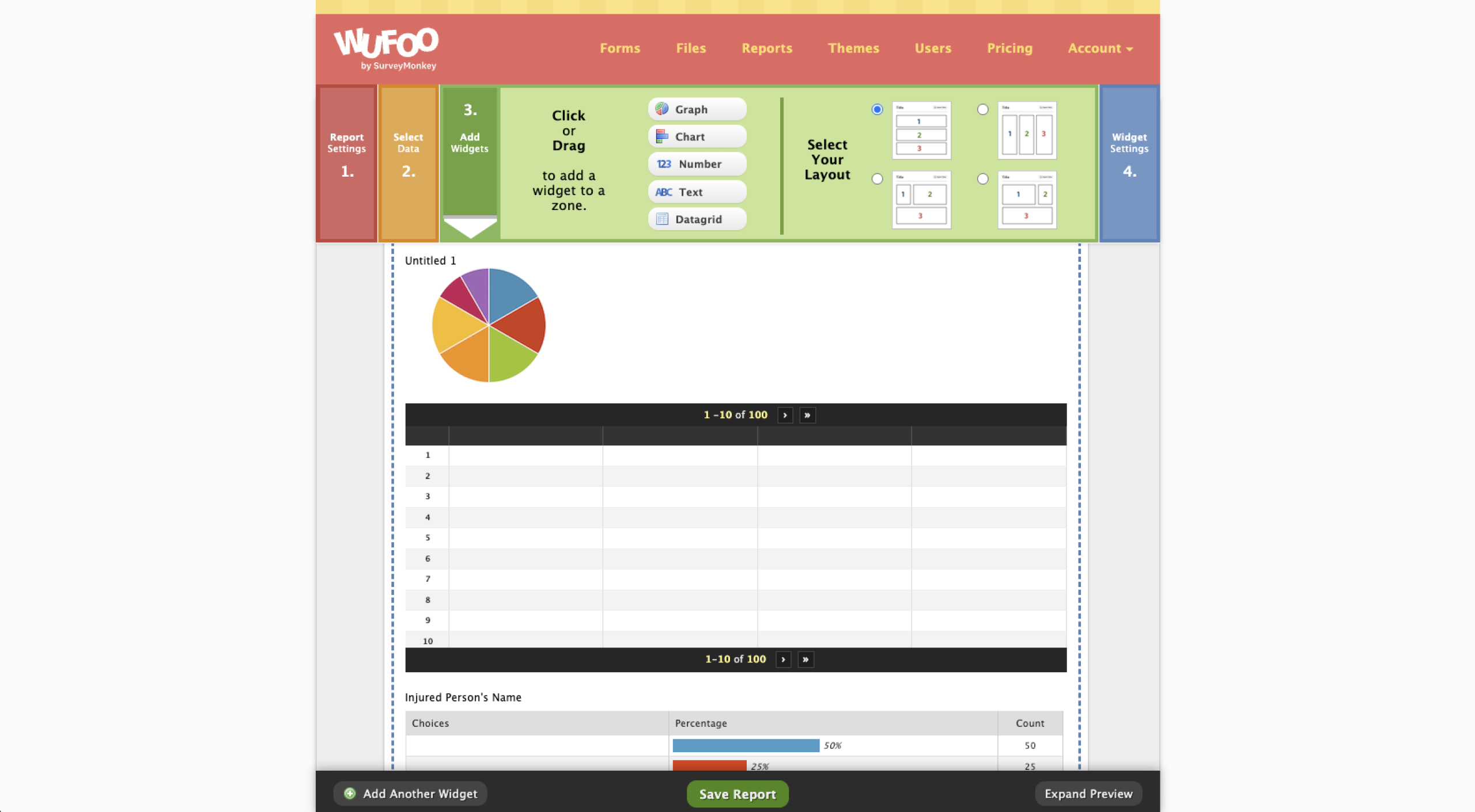 Wufoo interface showing the report-building functionality