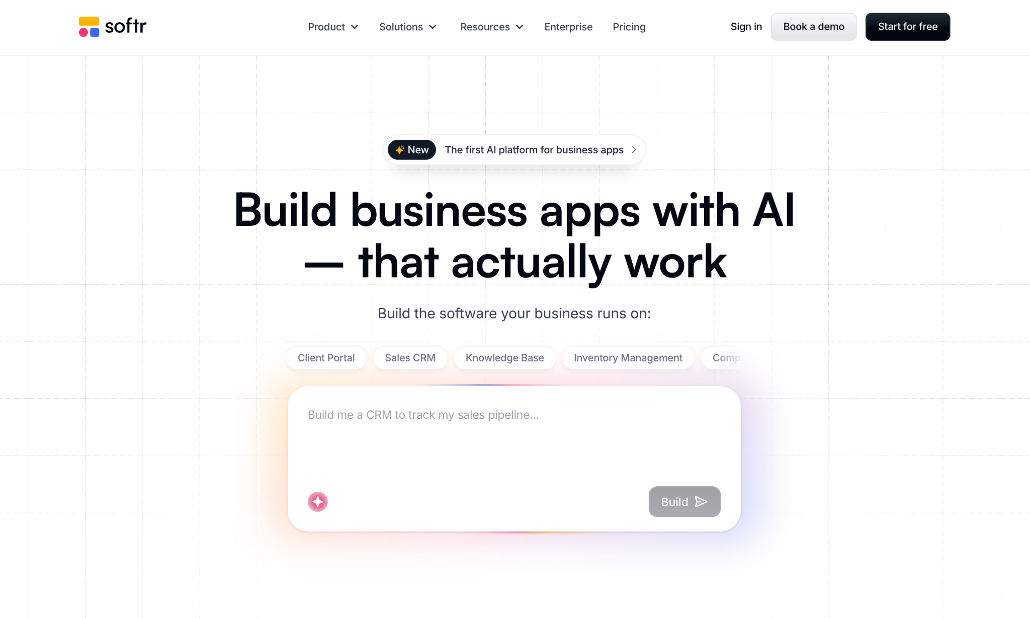 Screenshot of the Softr landing page, showing a headline "Build business apps with AI - that actually work"
