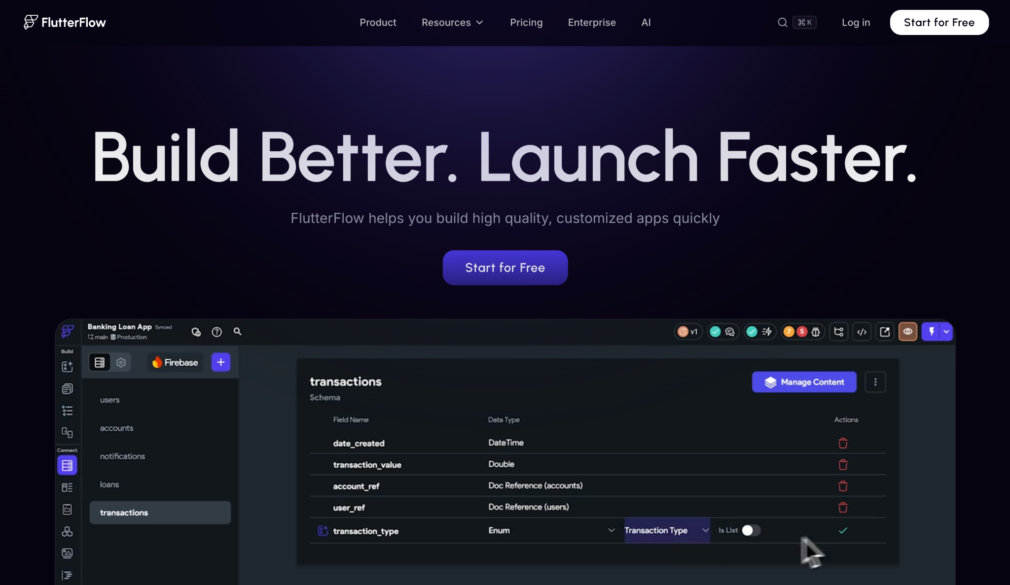 Screenshot of the FlutterFlow landing page, showing a headline "Build Better