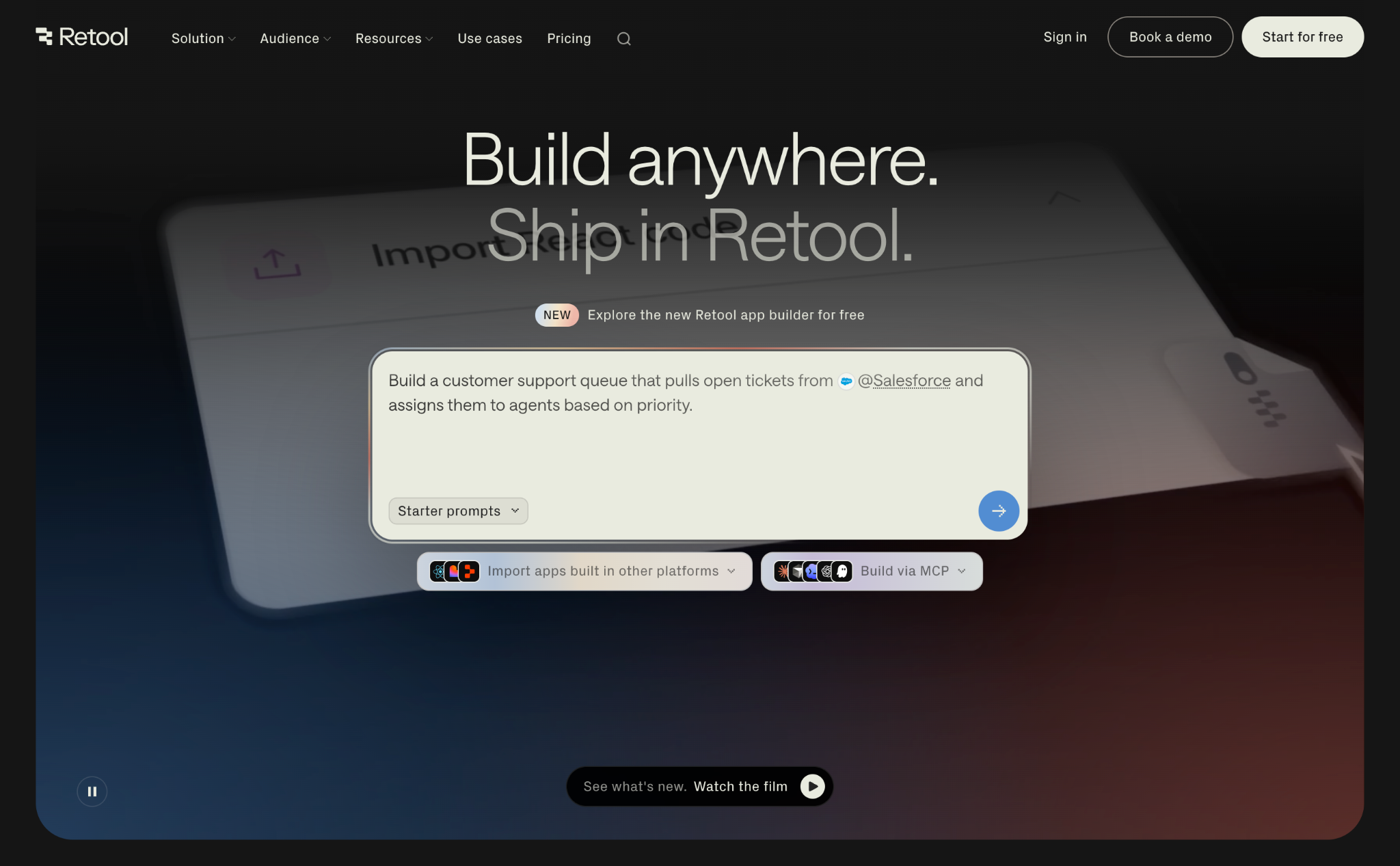 Screenshot of the Retool landing page, showing a headline "Build anywhere