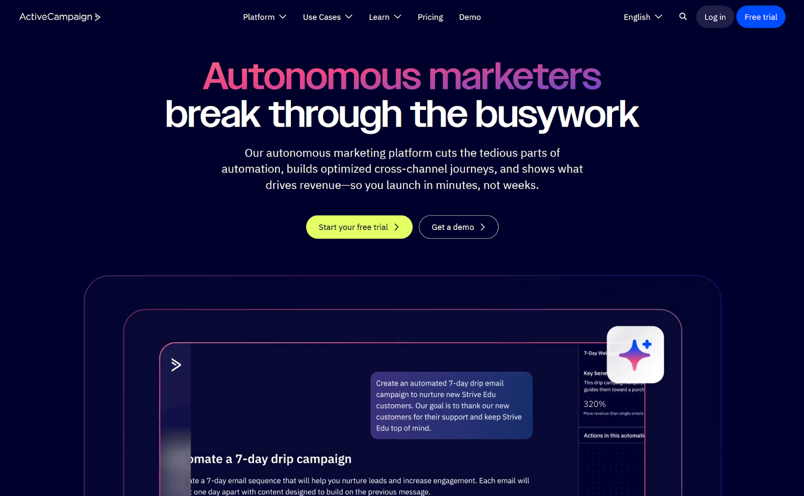 Screenshot of the ActiveCampaign homepage, with buttons for starting a free trial or trying a demo