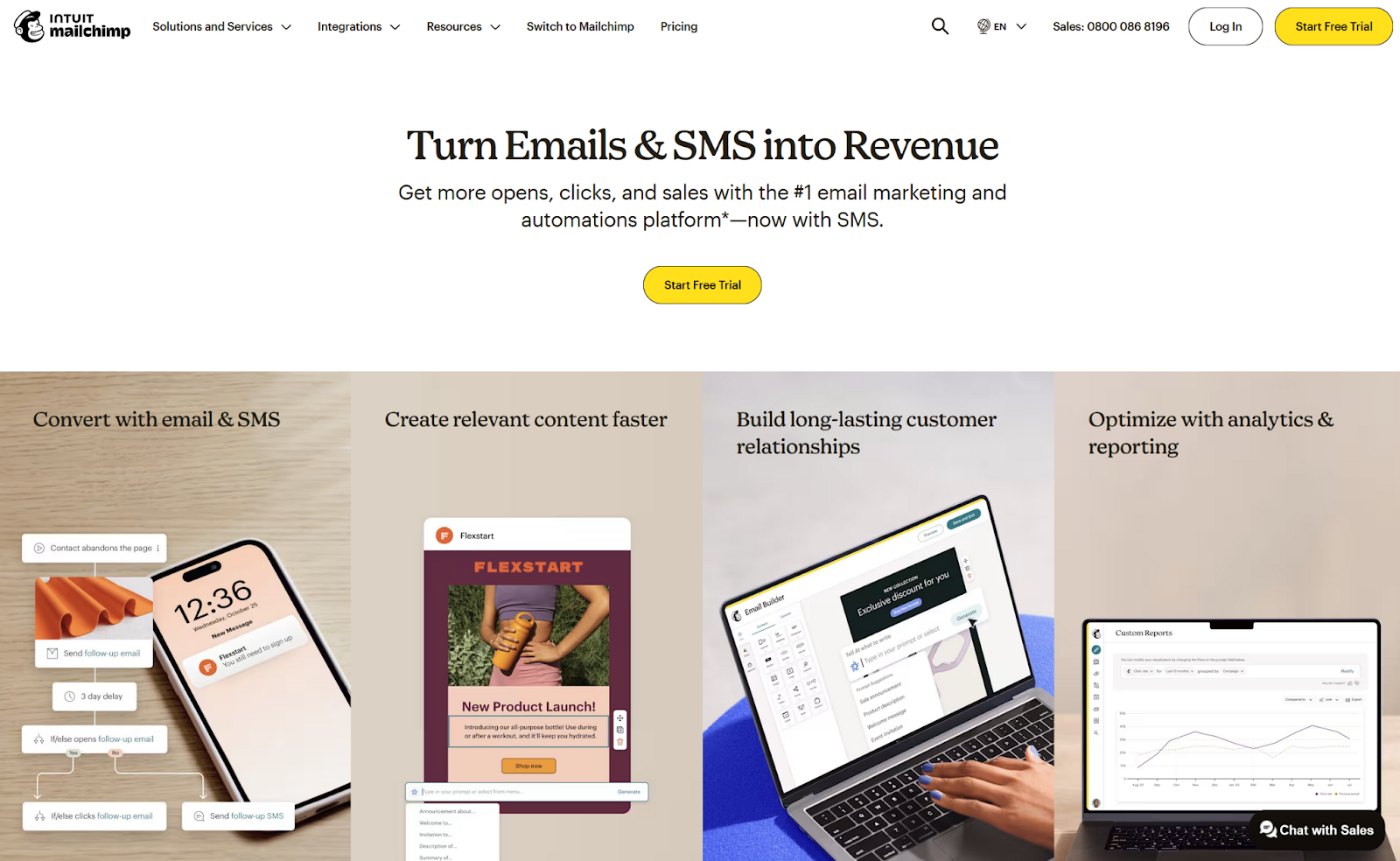 Screenshot of the Mailchimp homepage, showing top features and a Start Free Trial button