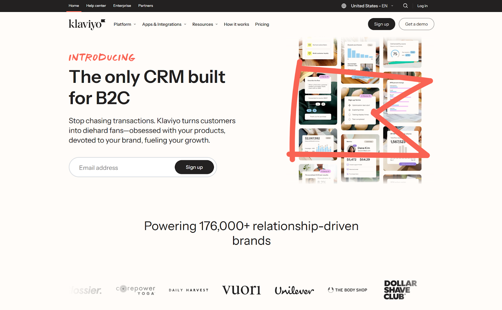 Screenshot of the Klaviyo homepage