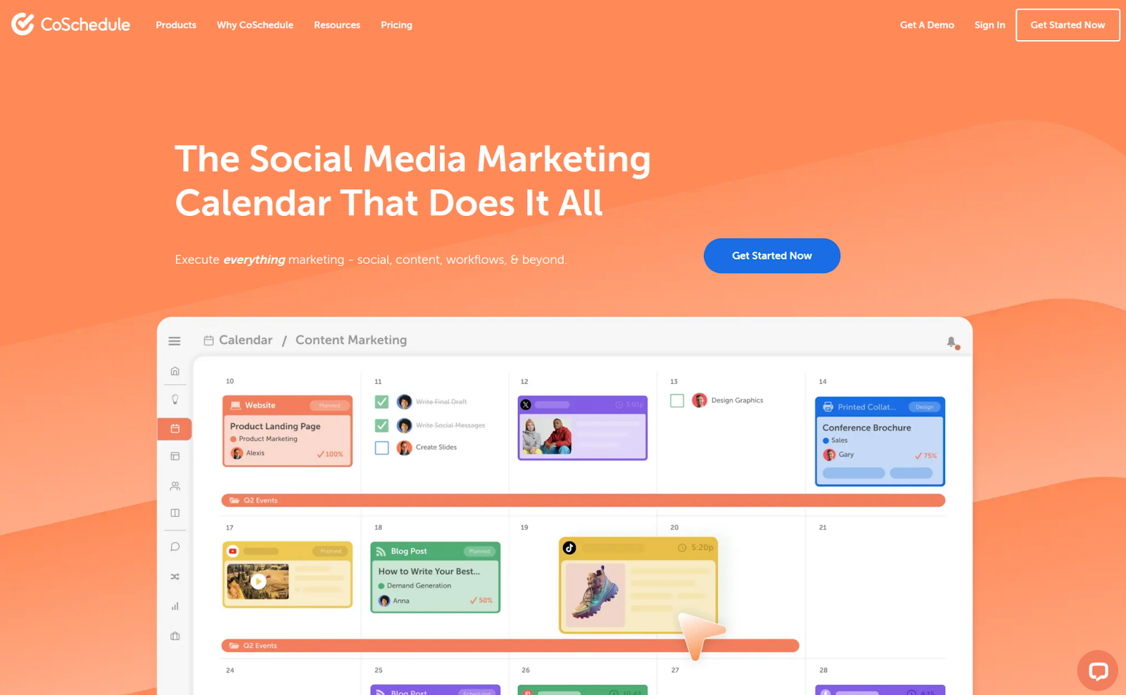 Screenshot of the CoSchedule homepage, featuring an example of its marketing calendar layout and a "Get Started Now" button