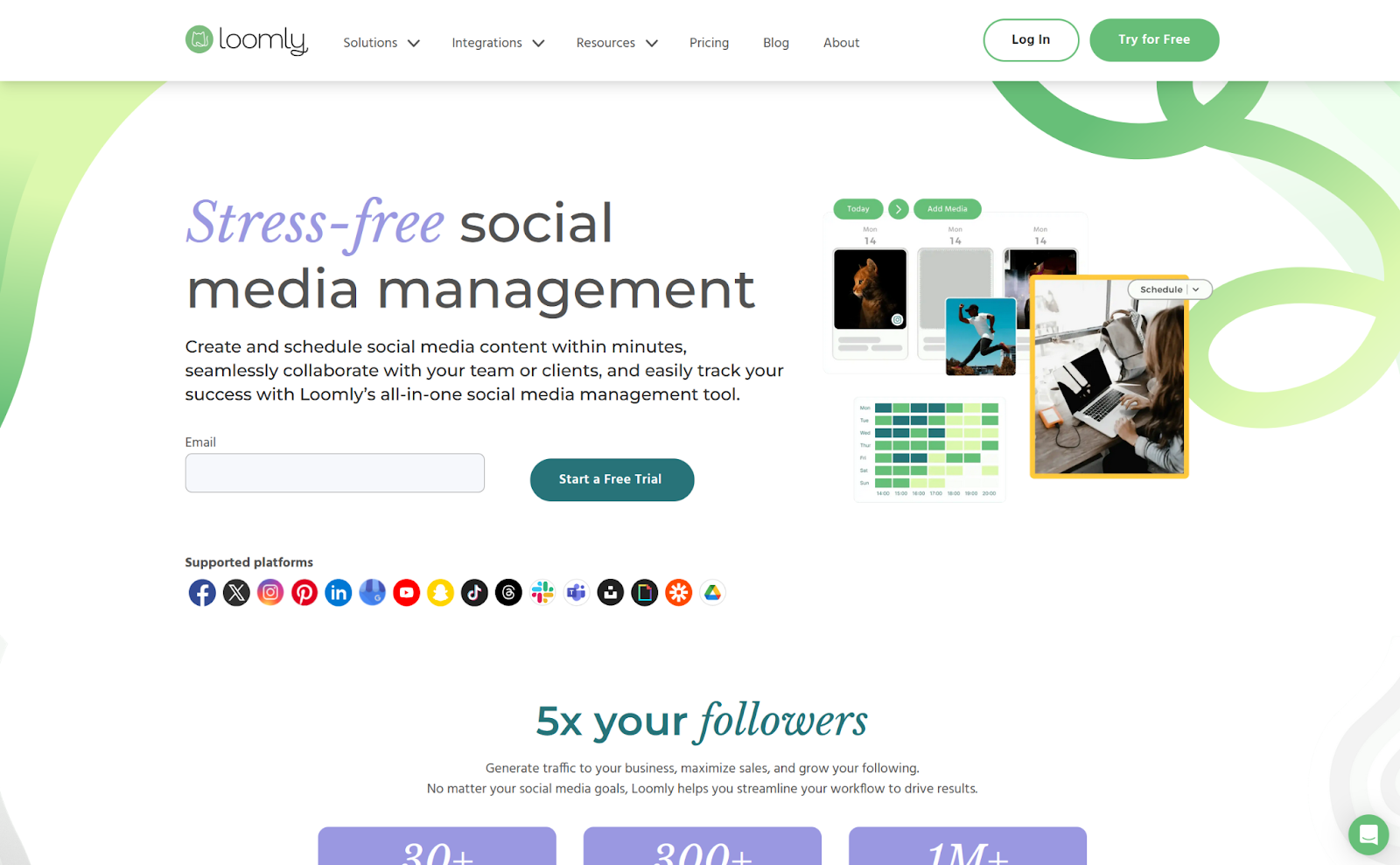 Screenshot of the Loomly homepage, featuring a "Start a Free Trial" button and social media calendar images
